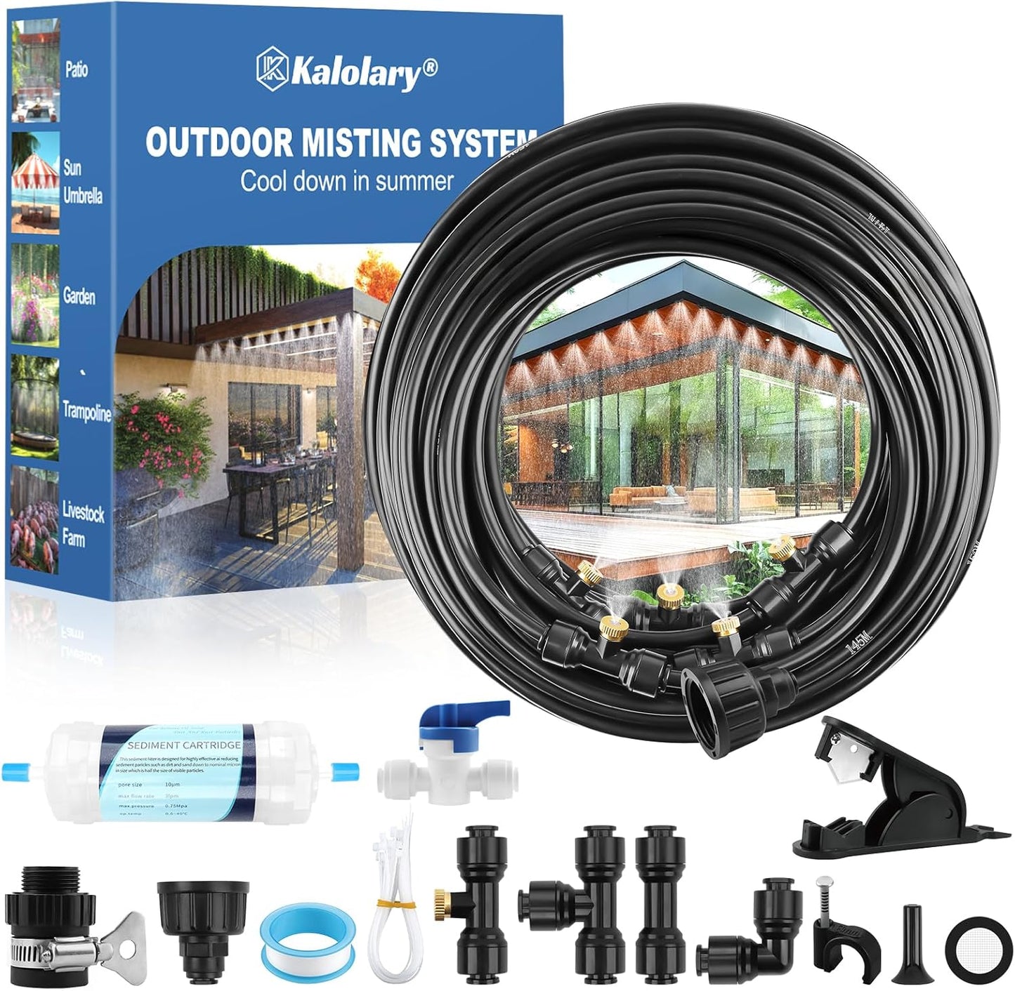 Kalolary 100Ft Misting Cooling System, Misters for Outside Patio with Water Filter, 100FT(30M) Misting Line, 30 Brass Mist Nozzles & 2 PE Adapters 3/4" Outdoor Mister for Backyard Garden Greenhouse
