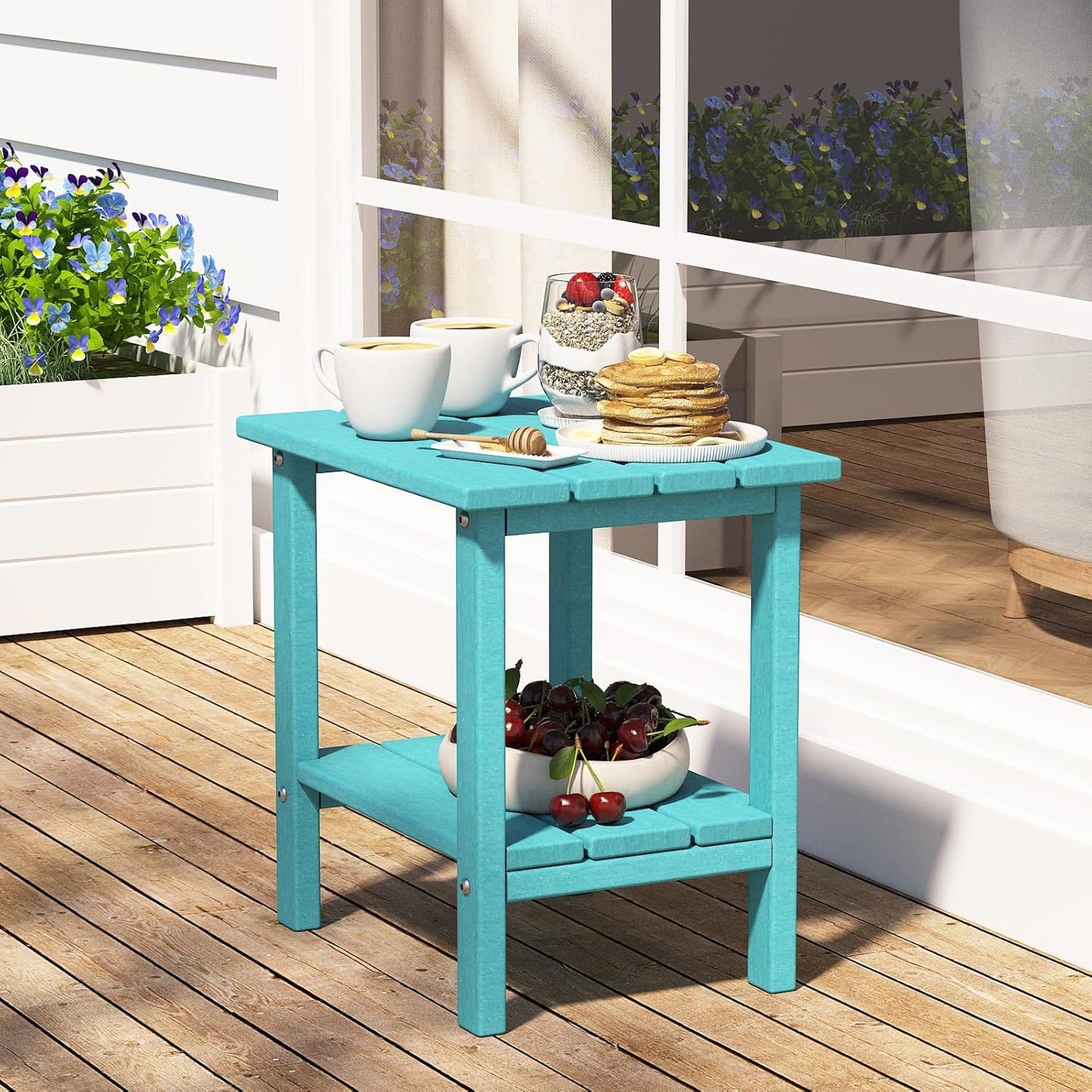 Outdoor Side Table, Adirondack HDPE Small Outdoor Table, 2-Tier Small Patio Side Tables for Outside Indoor Yard Poolside Porch, Light Blue