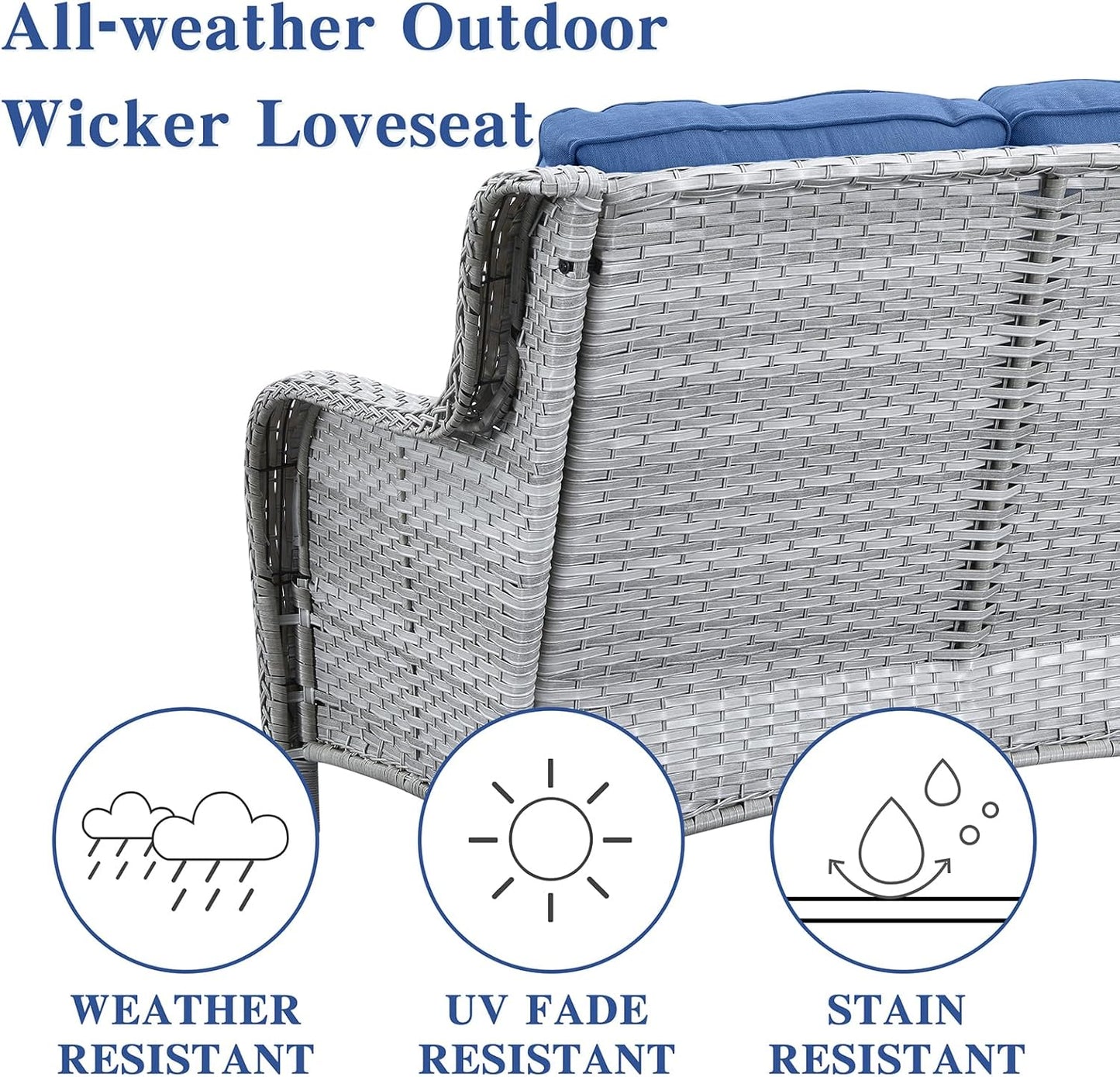 Outdoor Loveseat Small Patio Furniture 2 Seater Sofa Light Grey Wicker Couch Rattan Settee for Single-Family House