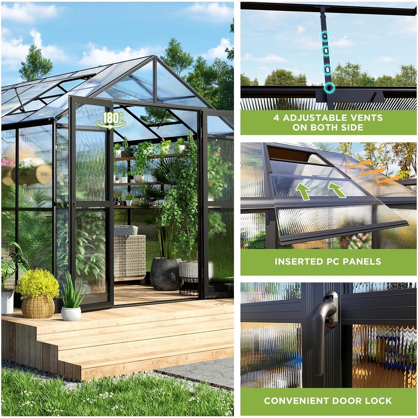 HOWE 8x16x7.5 FT Polycarbonate Greenhouse with Swing Doors, 4 Vents, 5.2FT Added Wall Height, Walk-in Large Aluminum Greenhouse for Outdoors, Black