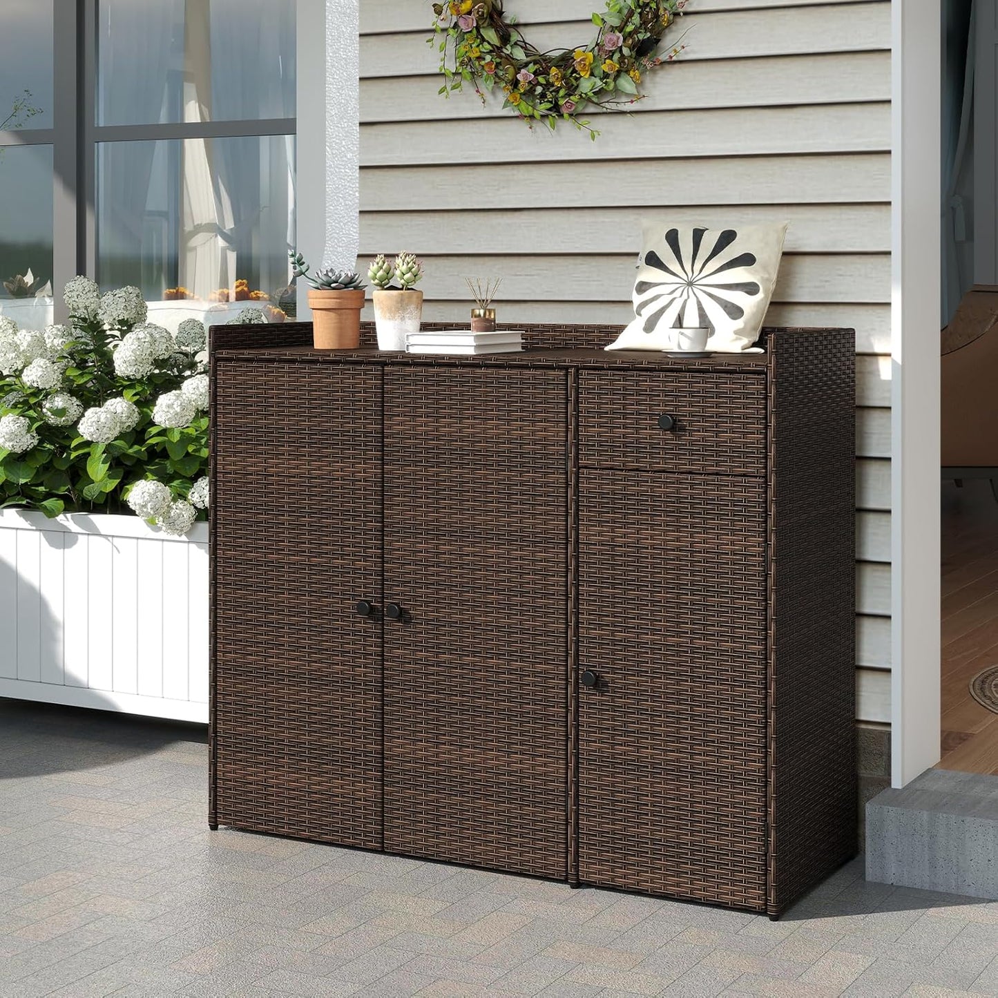 Tangkula Rattan Outdoor Storage Cabinet, Patiojoy Outdoor Cabinet with 4 Adjustable Shelves, 1 Drawer, 3 Doors, Patio Storage Deck Box Table for Patio Garden Poolside (Mix Brown)