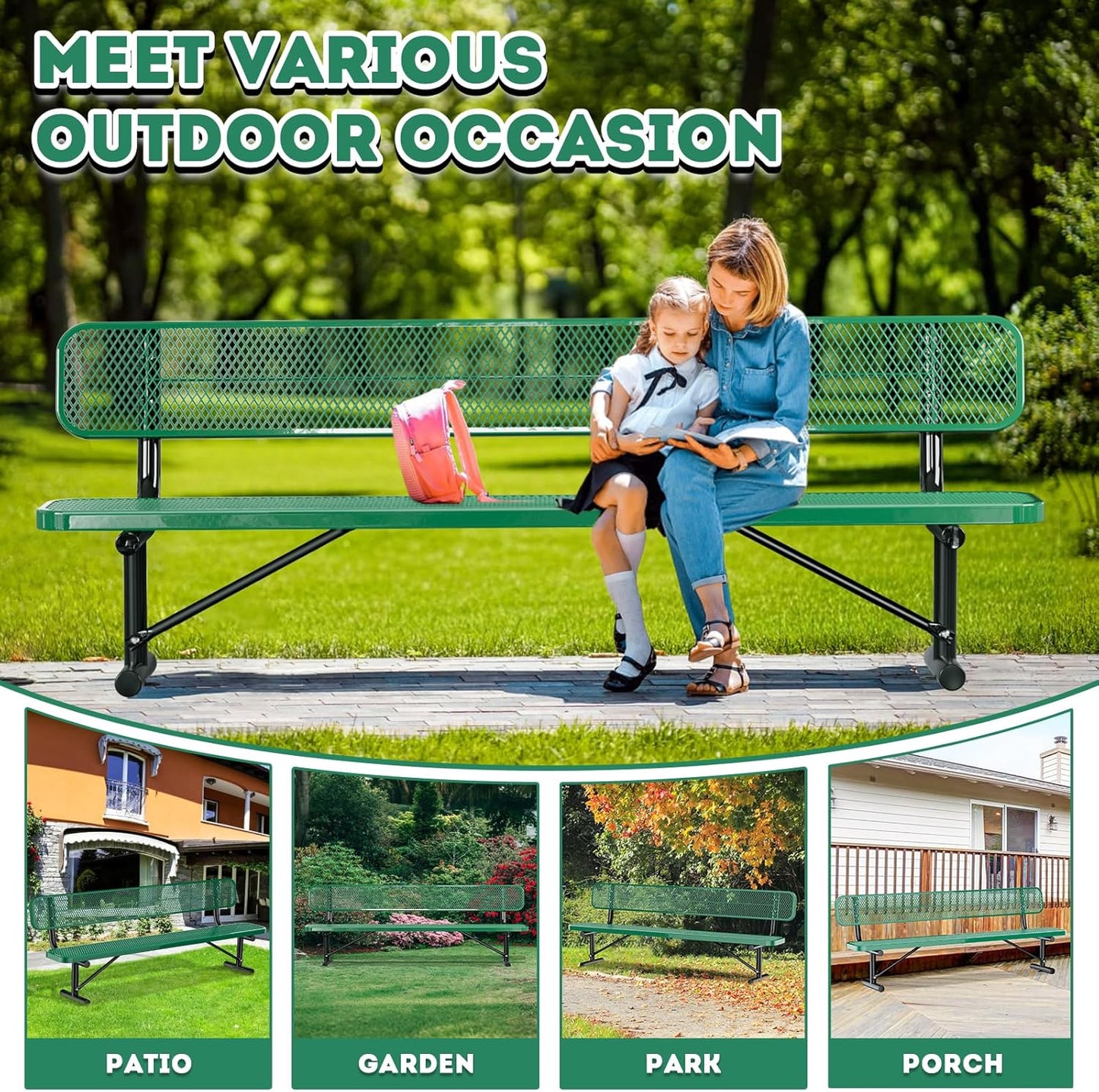8Ft Heavy Duty Park Bench with Back Portable Frame, Outdoor Steel Bench with Backrest, Expanded Metal Mesh Bench for Lawn, Park, Deck, Garden, Patio, Porch, Green