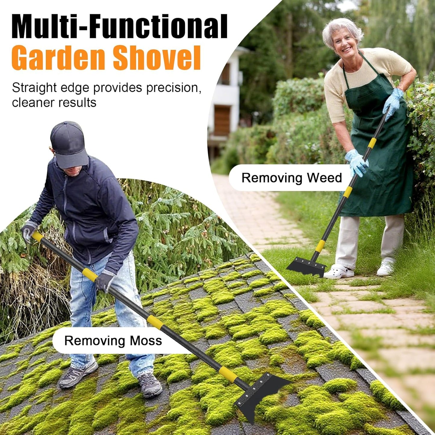 Garden Flat Shovel,74 inch Long Handle Manual Stand Weeding Tool with 2 Spades,Heavy Duty Multifunctional Garden Cleaning Shovel Spade,Floor Scraper for Weeding Edging Snow Ice Removal Tool