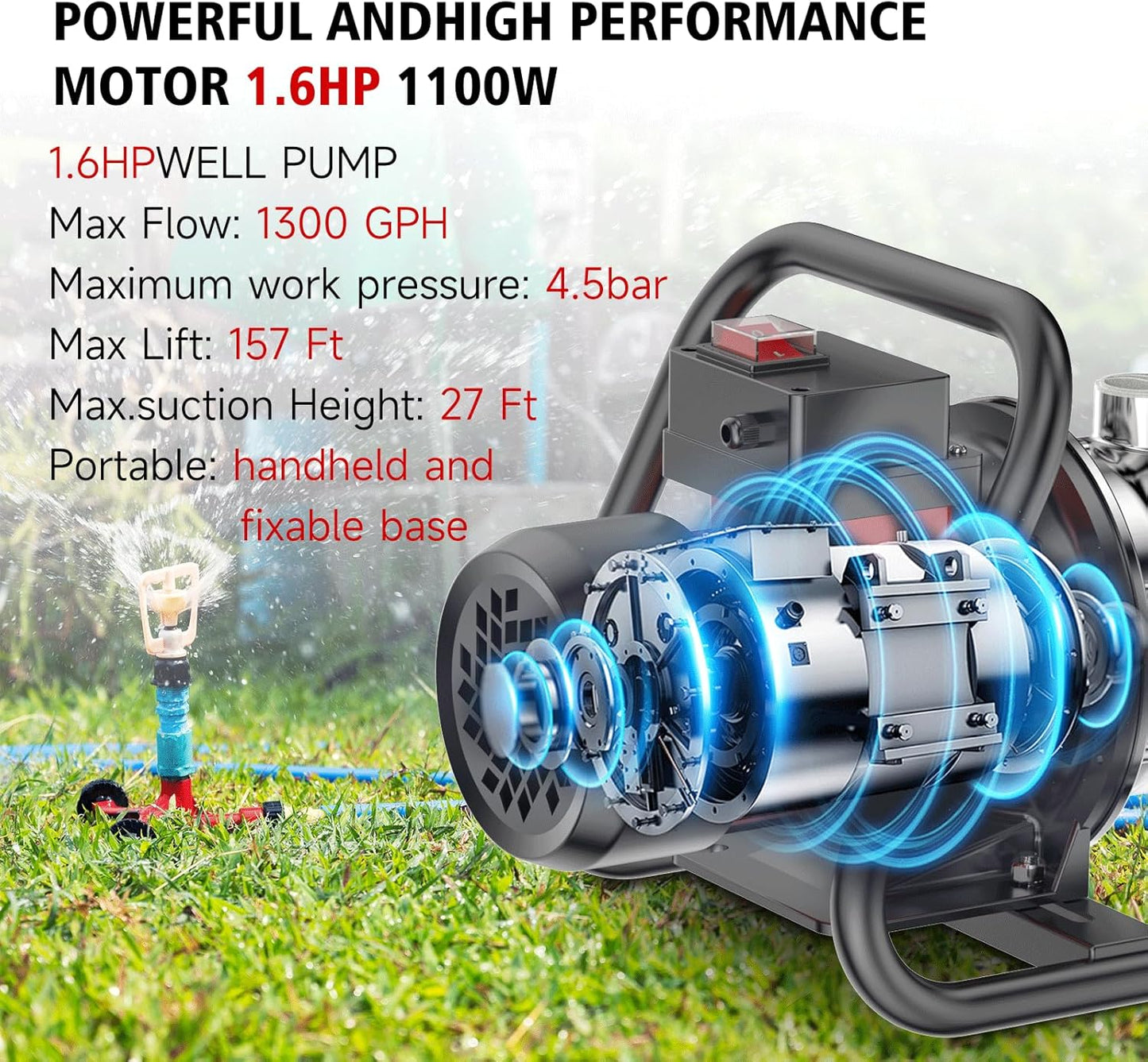 1.6HP Shallow Well Pump, 1300GPH Shallow, Portable water, for Garden Farm Irrigation Lawn, Sprinkler System, transfer pump Remove Standing Water, Landscape Fountain.