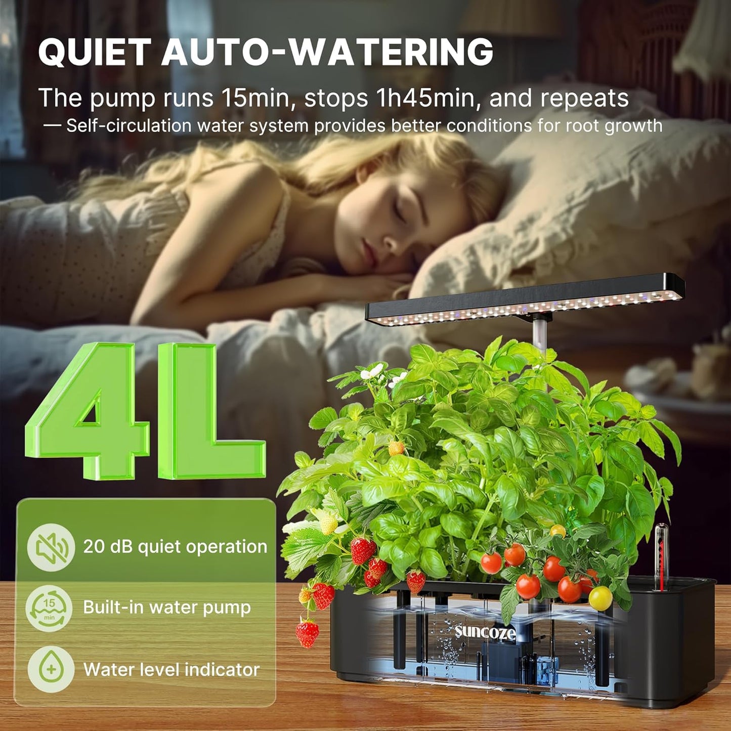 SUNCOZE Hydroponics Growing System Kit 12 Pods, 24W LED Grow Light Indoor Garden, 4L Water Tank with Quiet Pump, Adjustable Height Herb Garden Planter Indoor Kit, Gardening Gifts, Black