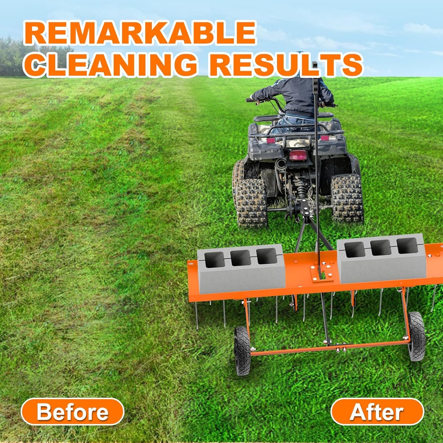 40" Tow Behind Lawn Dethatcher, Pull Behind Rake with 24 Rust-Proof Tines and Heavy Tires, Lawn Tractor Rake with Lift Handle, Tow Behind Rakes to Remove Thatch, Leaves from Large Lawn Area