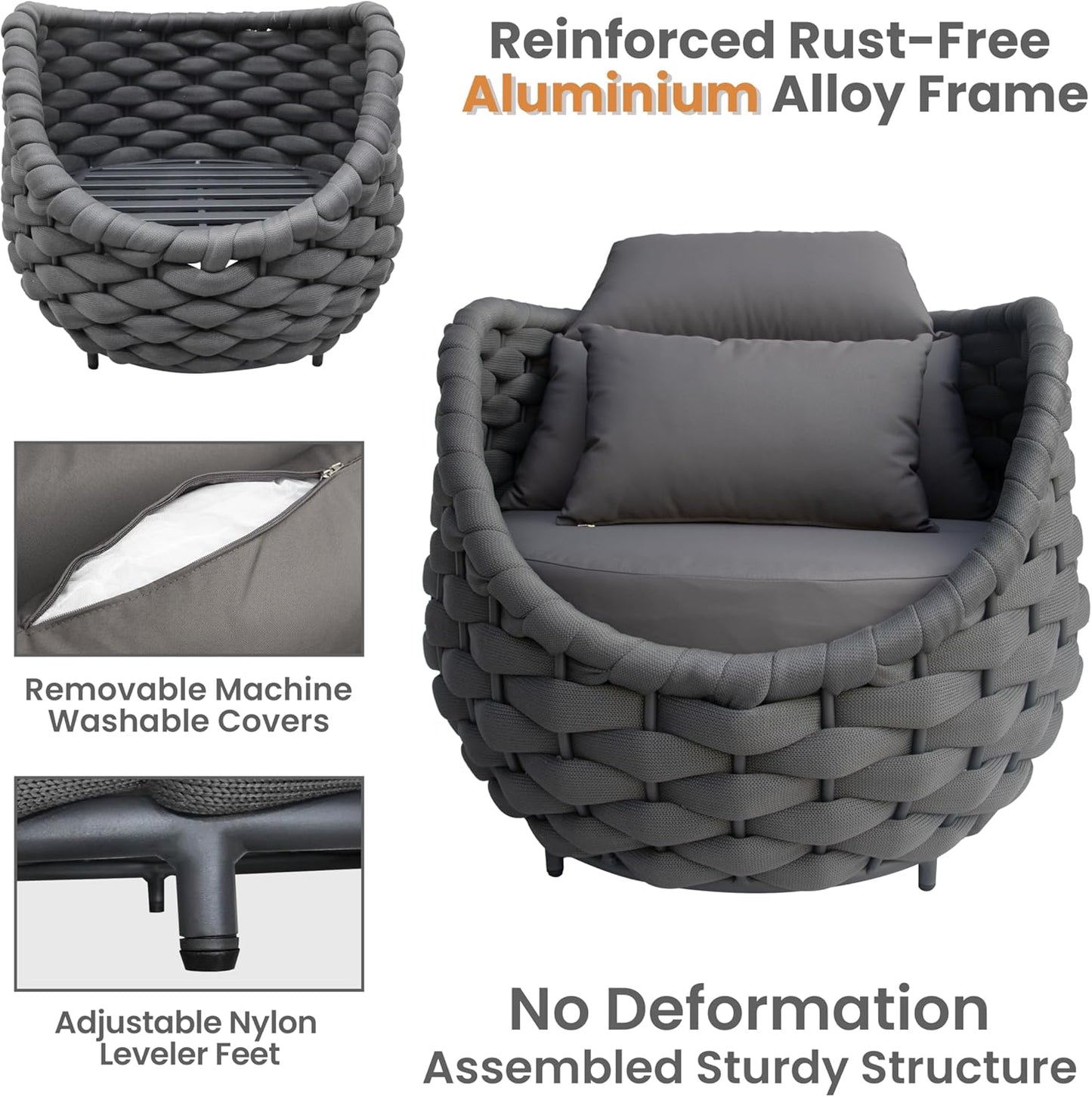 6 Pieces Rope Patio Furniture Set: Aluminum Outdoor Couch Set Cushioned - Assembled Porch Conversation Sofa Set Modern - Metal Patio Seating for 7 Person Deck Garden Poolside Hotel, Dark Gray