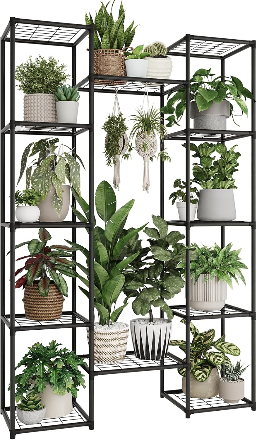 Metal Plant Stand Outdoor 62.2" Tall Plant Shelf for Plants 12 Pots Large Plant Sheves for Indoor Plants Living Room Heavy Duty Rack Garden Balcony Patio Hanging Planter