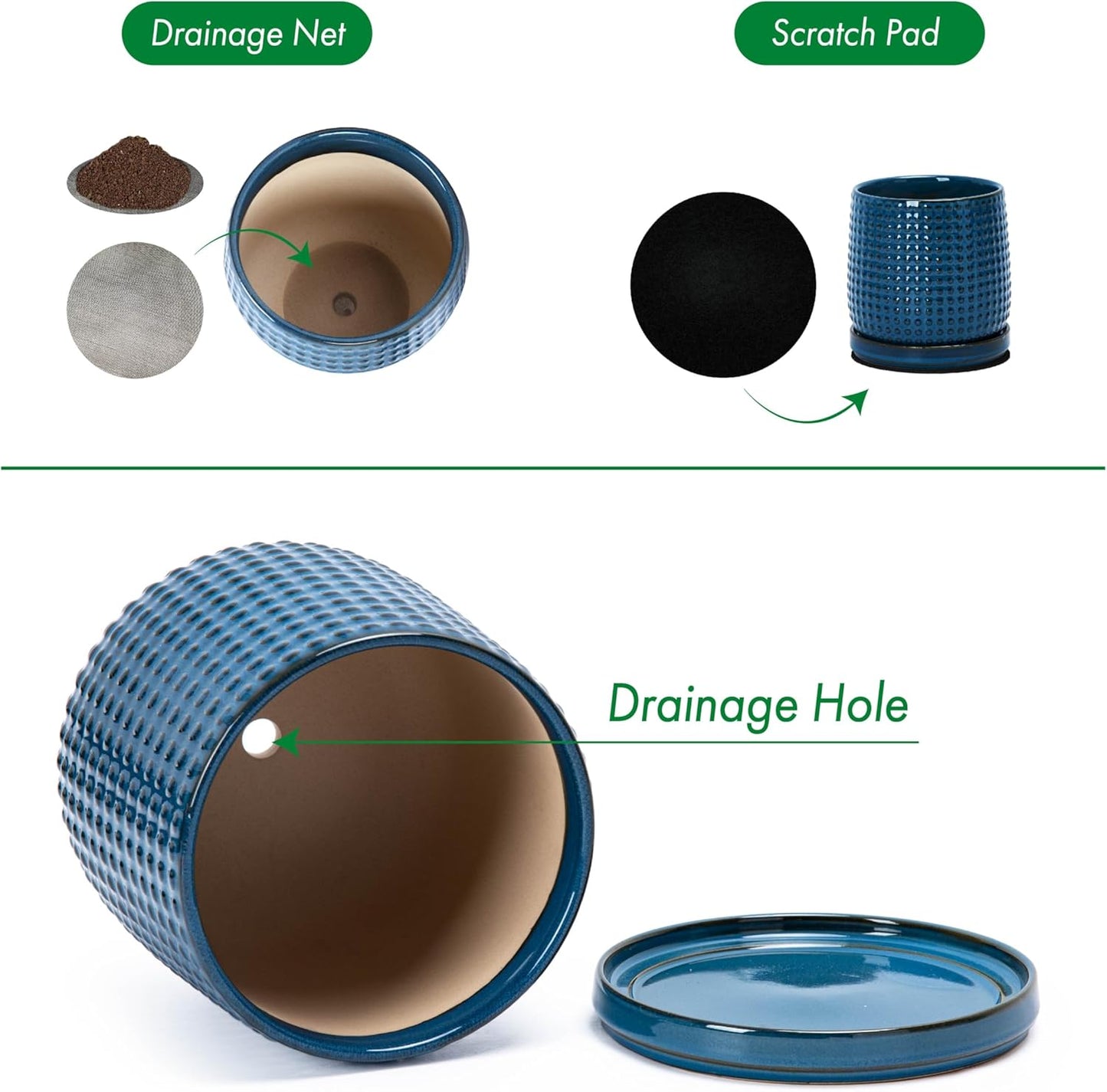 D'vine Dev Set of 2 Ceramic Plants Pots, 6 Inch Beaded Stoneware Flower Pot for Plants with Drainage Hole and Saucer, Midnight Blue, 27-E-X-3