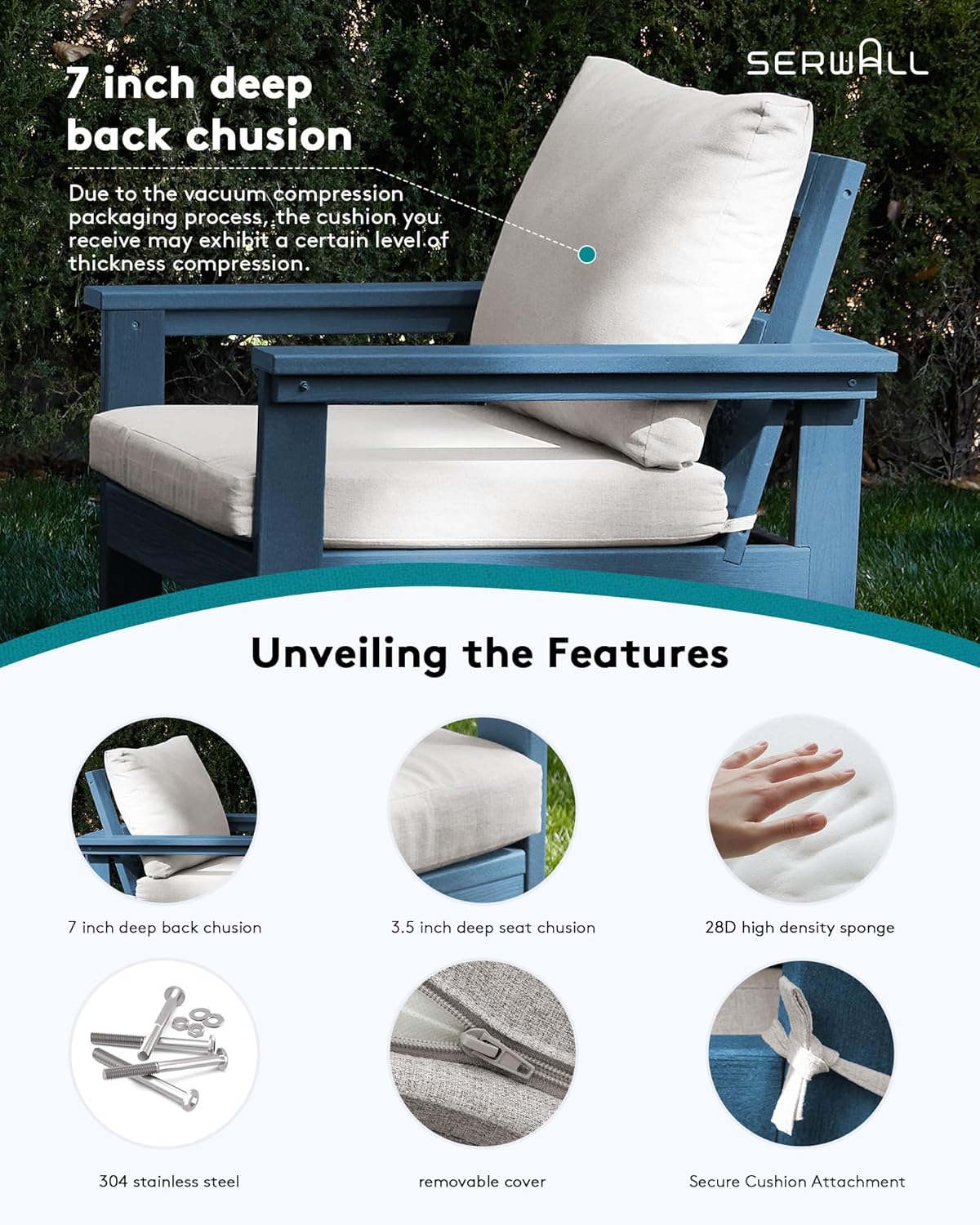 SERWALL HDPE Patio Sofa Set, 3-Piece Sectional Outdoor Furniture Set, All Weather Outdoor Couch Set Patio Furniture Set for Deck, Lawn, Blue Frame with Khaki Cushion