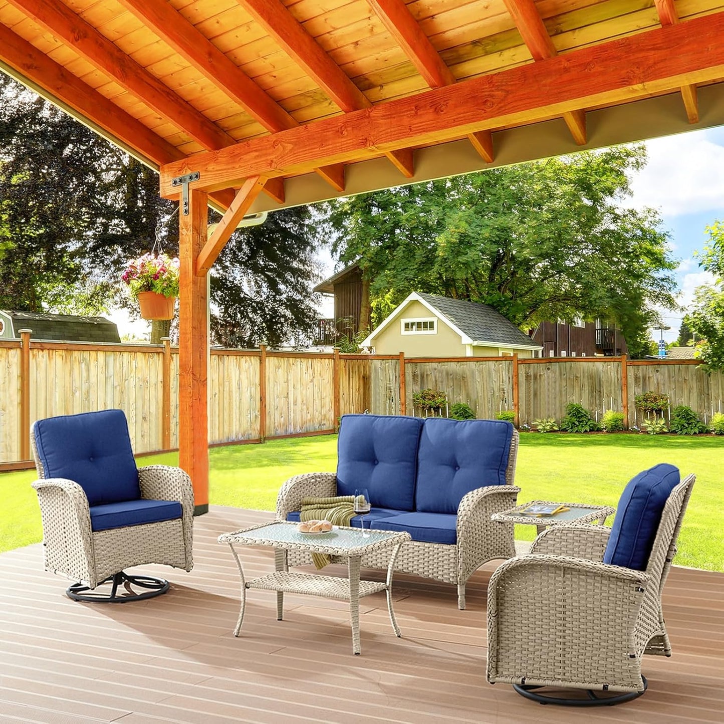 Patio Wicker Furniture with Swivel Rocker Chairs Loveseat, 5 Piece Rattan Furniture Outdoor Swivel Rocking Chairs and Table Set for Patio Deck Porch Backyard