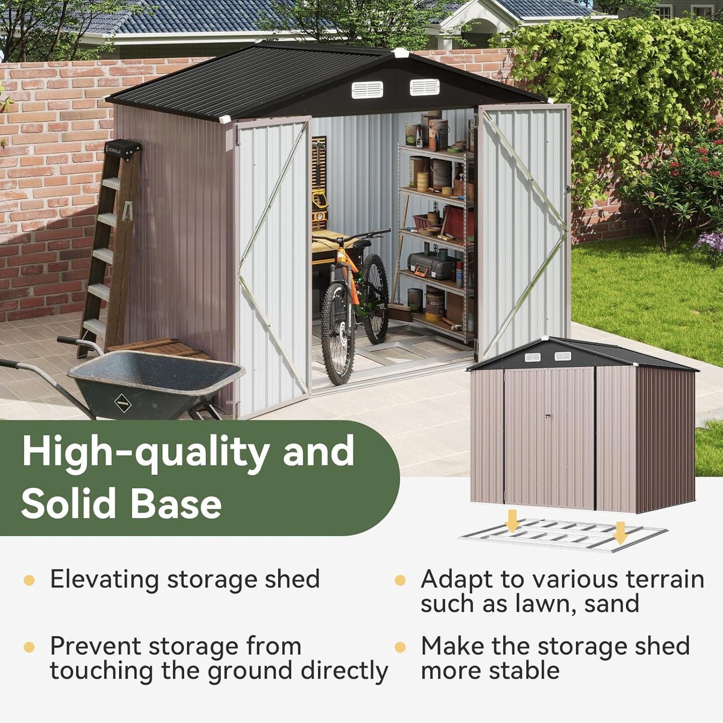 Aoxun 7x5 FT Outdoor Storage Shed with Base Garden Metal Shed with Lockable Door Outdoor Large Shed for Tool, Garbage Can, Bike, Mower, Brown