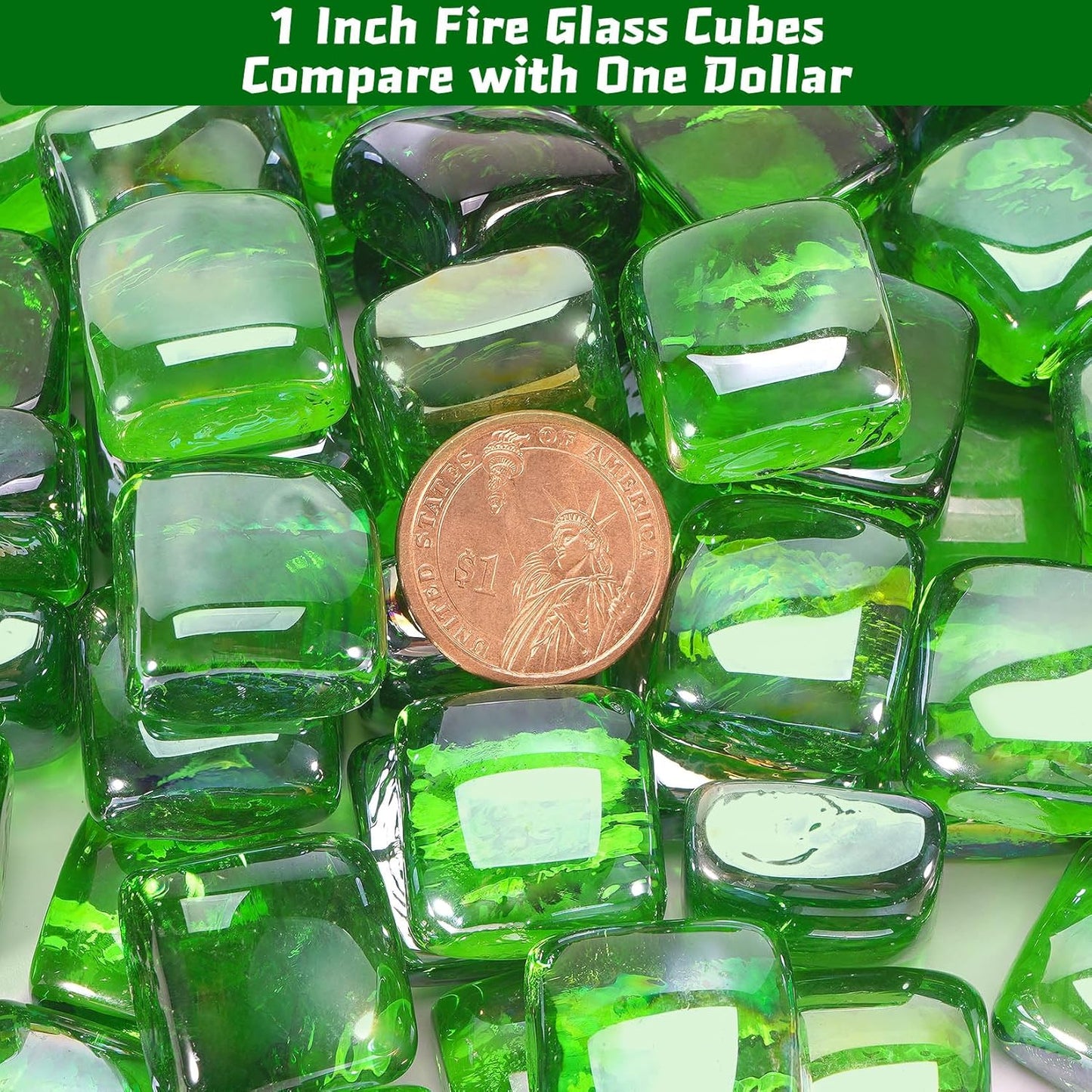 Fire Pit Glass Rocks Square, Fire Glass Cubes, Tempered Beads for Fireplace, Firepit Table Indoor or Outdoor, Replacing Traditional Burning Wood 20 pounds, Green Reflective