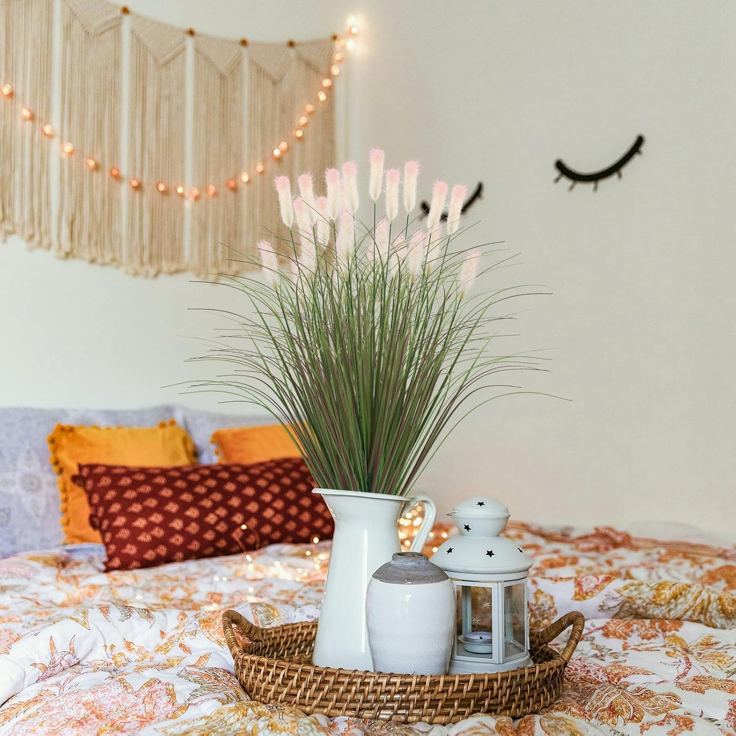 Artificial Grasses Plants Oudoor 12 Bunches Onion Grass Greenery with Plush Faux Fake Shrubs Plant Onion Wheat Grass for Outside Garden Indoor House Home Office Décor (Light Purple & Pink Plush