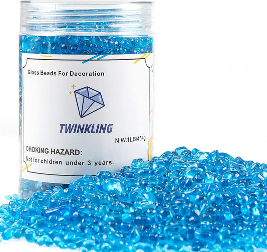 TWINKLING High Luster Round Fire Glass Stones,Glass Marbles Pebbles,Glass Beads Gems for Fire Pit Vase Fillers Crafts Aquarium Garden Decoration,3-6mm,1-Pound Jar (Ocean Blue)