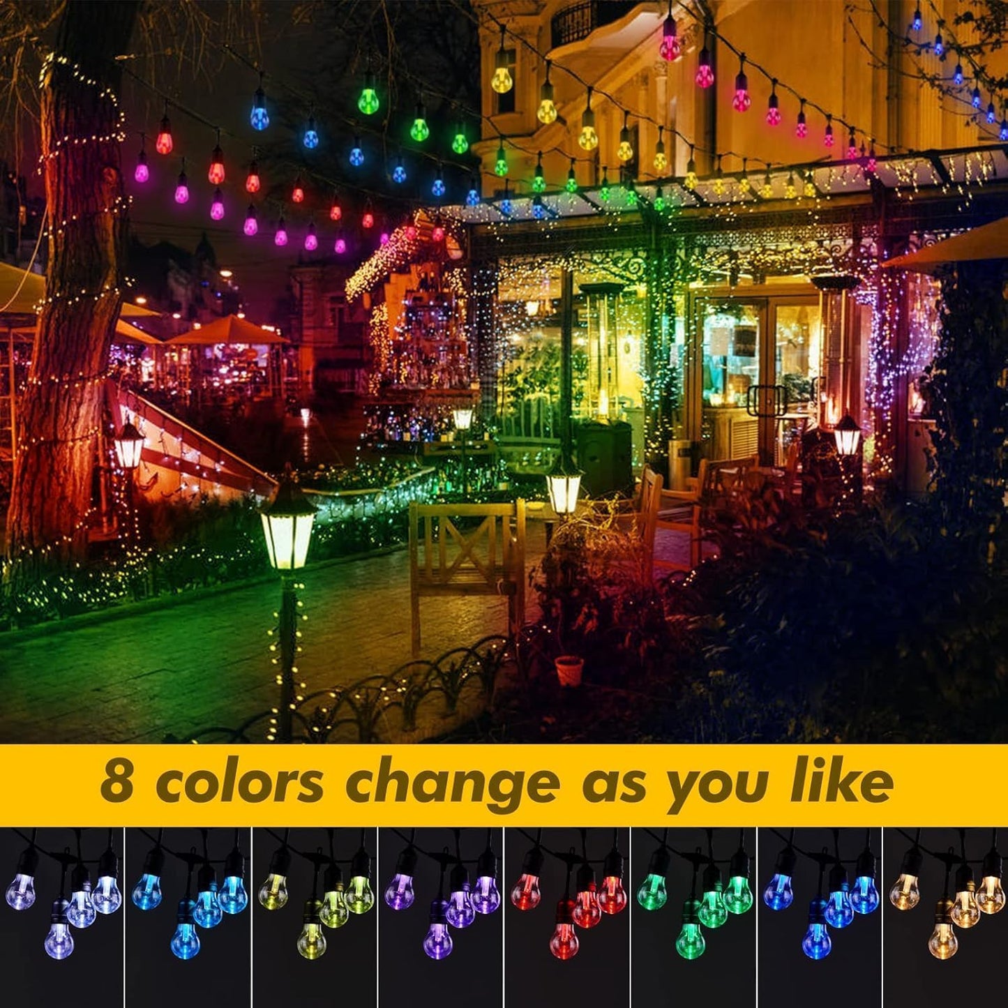 Auroraworld RGB Solar Outdoor String Lights, 200FT Dimmable Patio String Lights for Cafe
