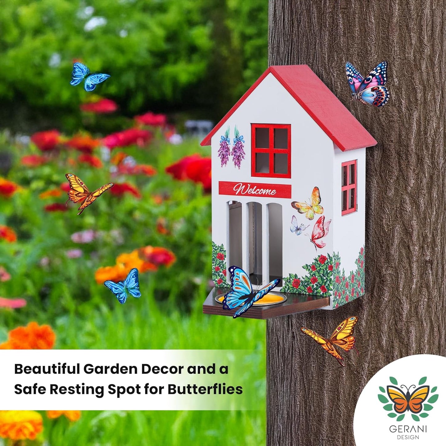 No Assembly Required! Wooden Butterfly House and Feeder for Outside with Hook, Durable Butterfly Habitat with Puddler, Unique Vibrant Design, Hanging Garden Decoration, Easy Cleaning