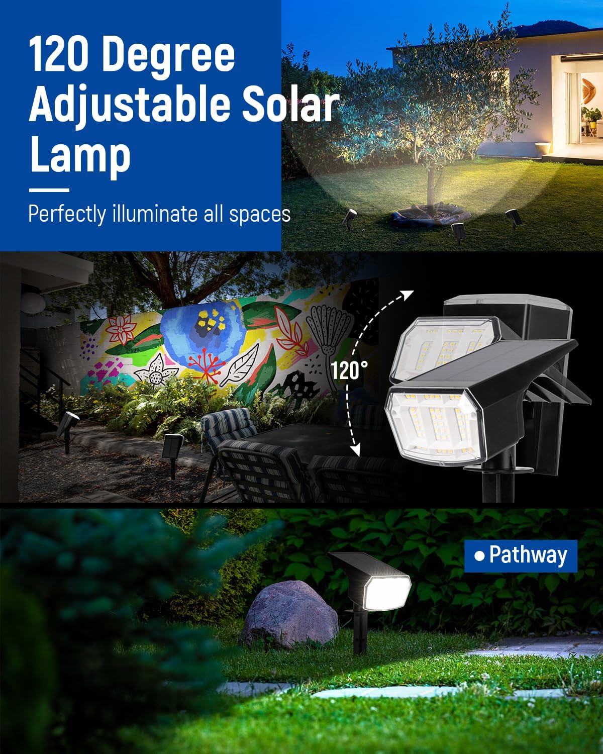 Solar Spot Lights Outdoor 63 LED 3 Lighting,Waterproof IP65 Modes Spotlights for Outside House Yard Garden Landscape Lights 3 Pack (Natural Light)