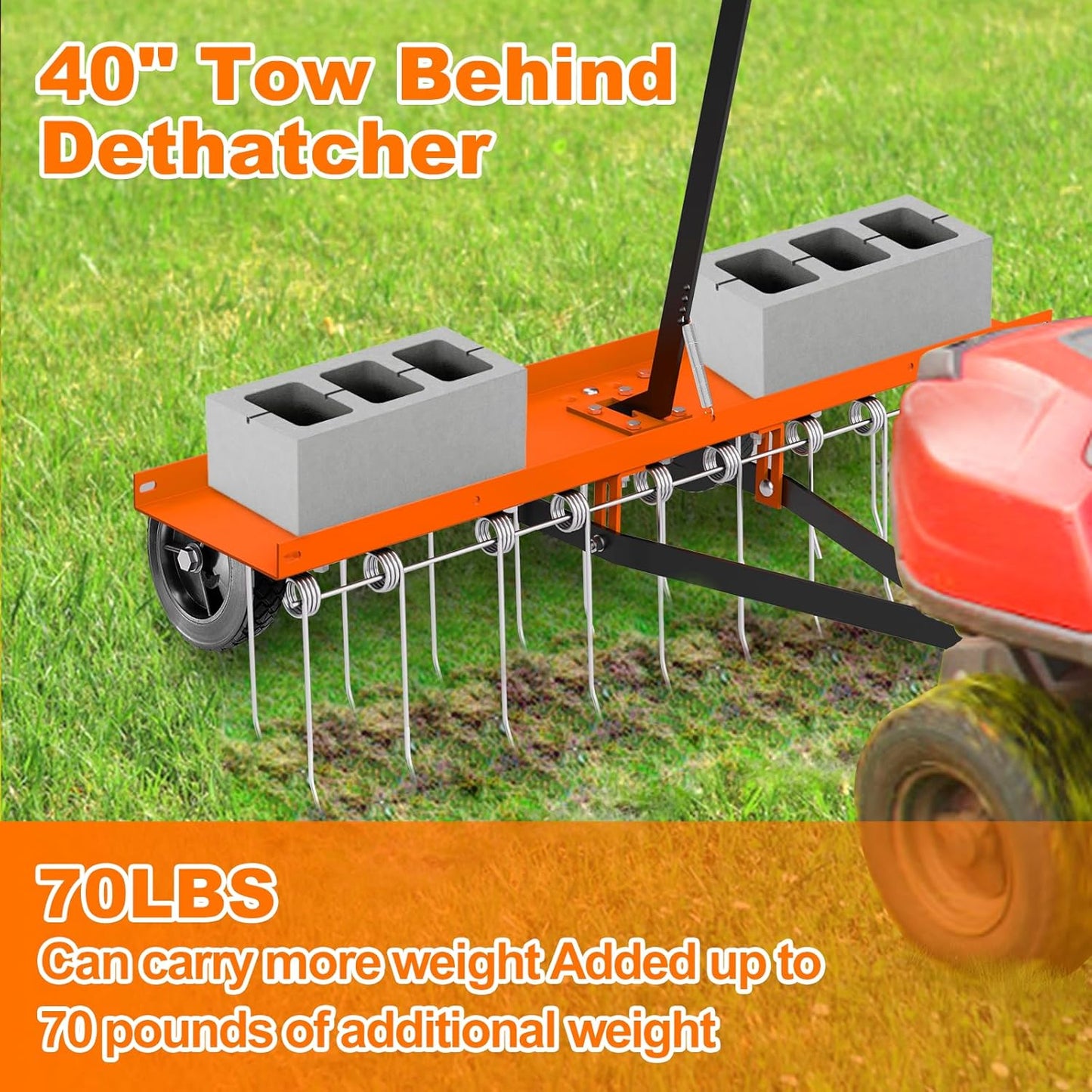 40inch Tow Behind Dethatcher with 20 Spring Steel Tines, Lawn Tractor Rakes with Lift Handle, Tow Behind Rake to Remove Thatch, Riding Lawn Mower Attachments for Outdoor Yard Tools Lawn Care