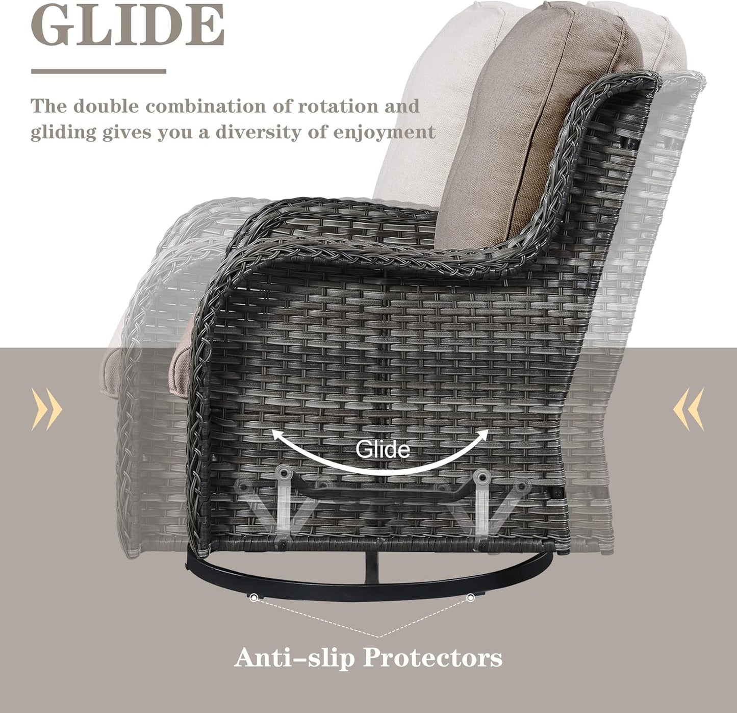 Outdoor Patio Furniture Set with 50000BTU Propane Fire Pit Table, 4 Pieces Wicker Patio Conversation Set with 2 Swivel Rocker Glider Chairs Rattan Sofa Blue Cushion Perfect for Casual Gathering