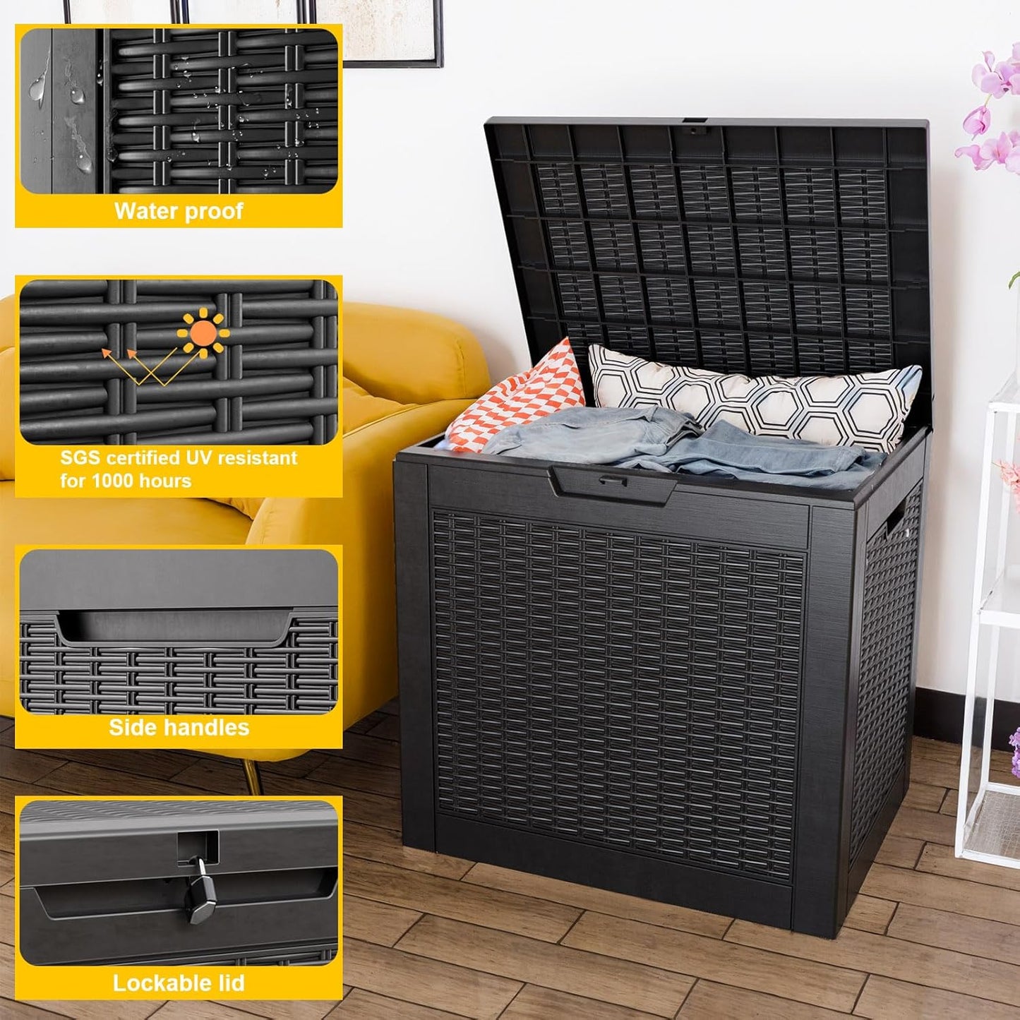 30 Gallon Wicker Pattern Resin Deck Box, Lockable Patio Outdoor Storage Box for Furniture, Garden Tools and Tools Storage, Waterproof Outside Storage Box - Black Rattan