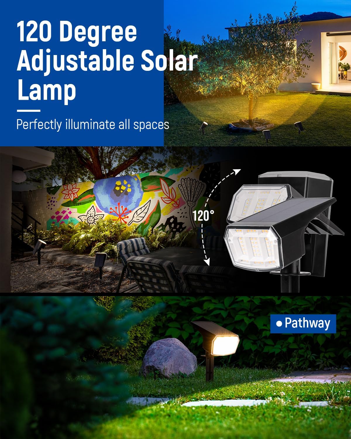 Solar spotlights Outdoor 63 LED 3 Lighting Modes, IP65 Waterproof Lighten Yard Garden House Garage Pathway for Christmas Decorations-2 Pack