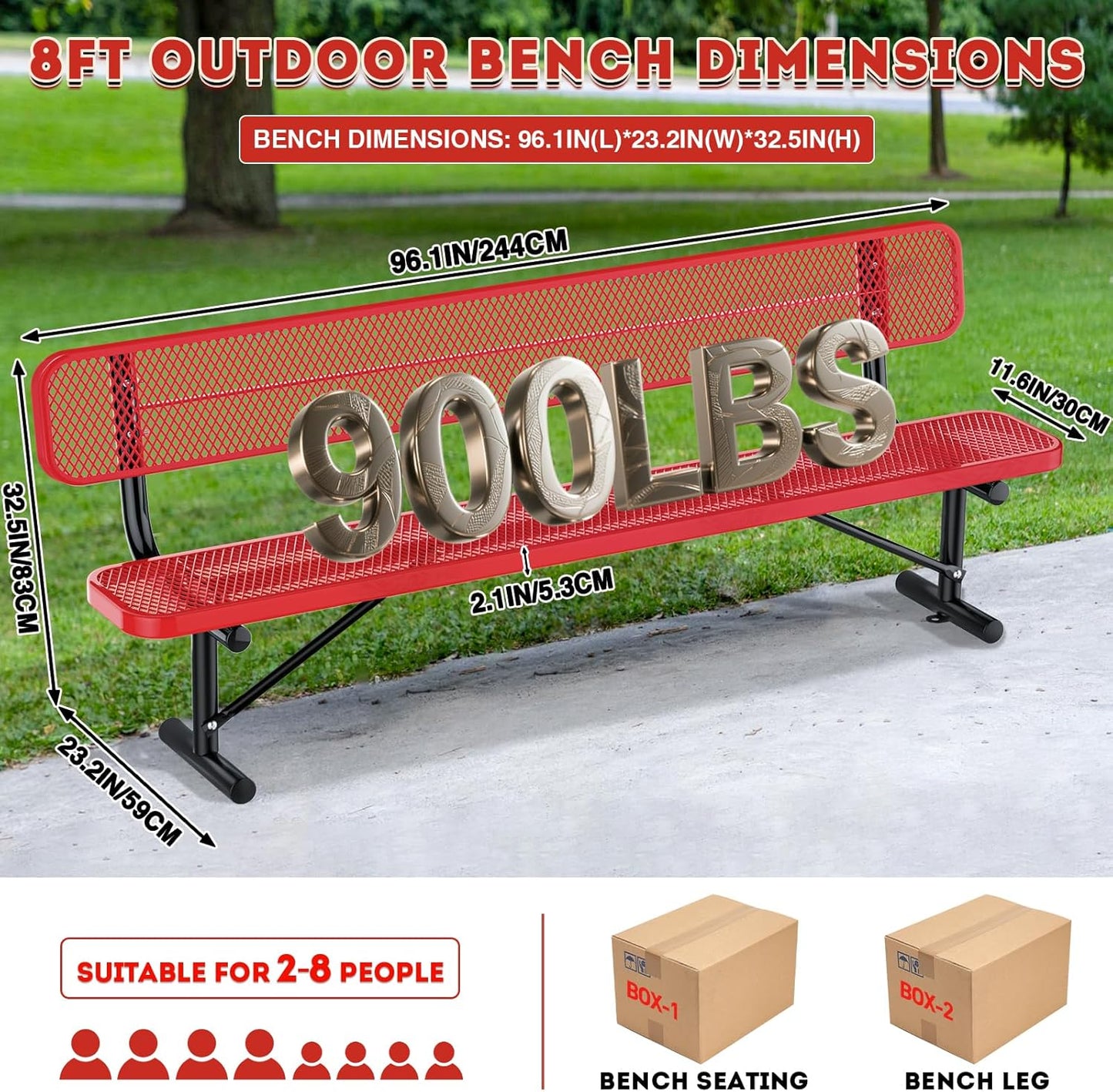 8Ft Heavy Duty Park Bench with Back Portable Frame, Outdoor Steel Bench with Backrest, Expanded Metal Mesh Bench for Lawn, Park, Deck, Garden, Patio, Porch, Red