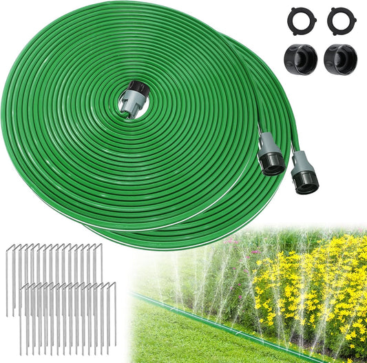 2 Pack 50ft Sprinkler Soaker Hose - Kink-free, Save Water, Flexible, Heavy Duty Three Tube Flat Watering Hose for Garden Yard Lawn Irrigation, With 30 Stakes