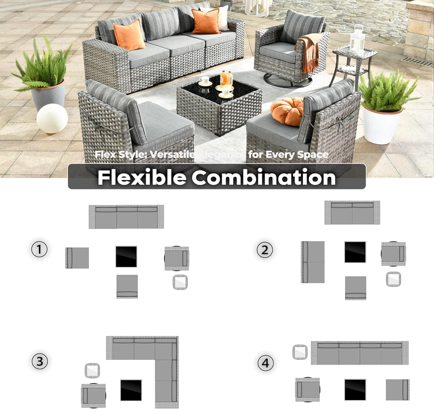 ovios 8 Pieces Patio Furniture Set, Outdoor Wicker Sectional Sofa with Swivel Chair Coffee Table, Modern Modular Deep Seat Rattan Couch Conversation Sets, Dark Gray Stripe