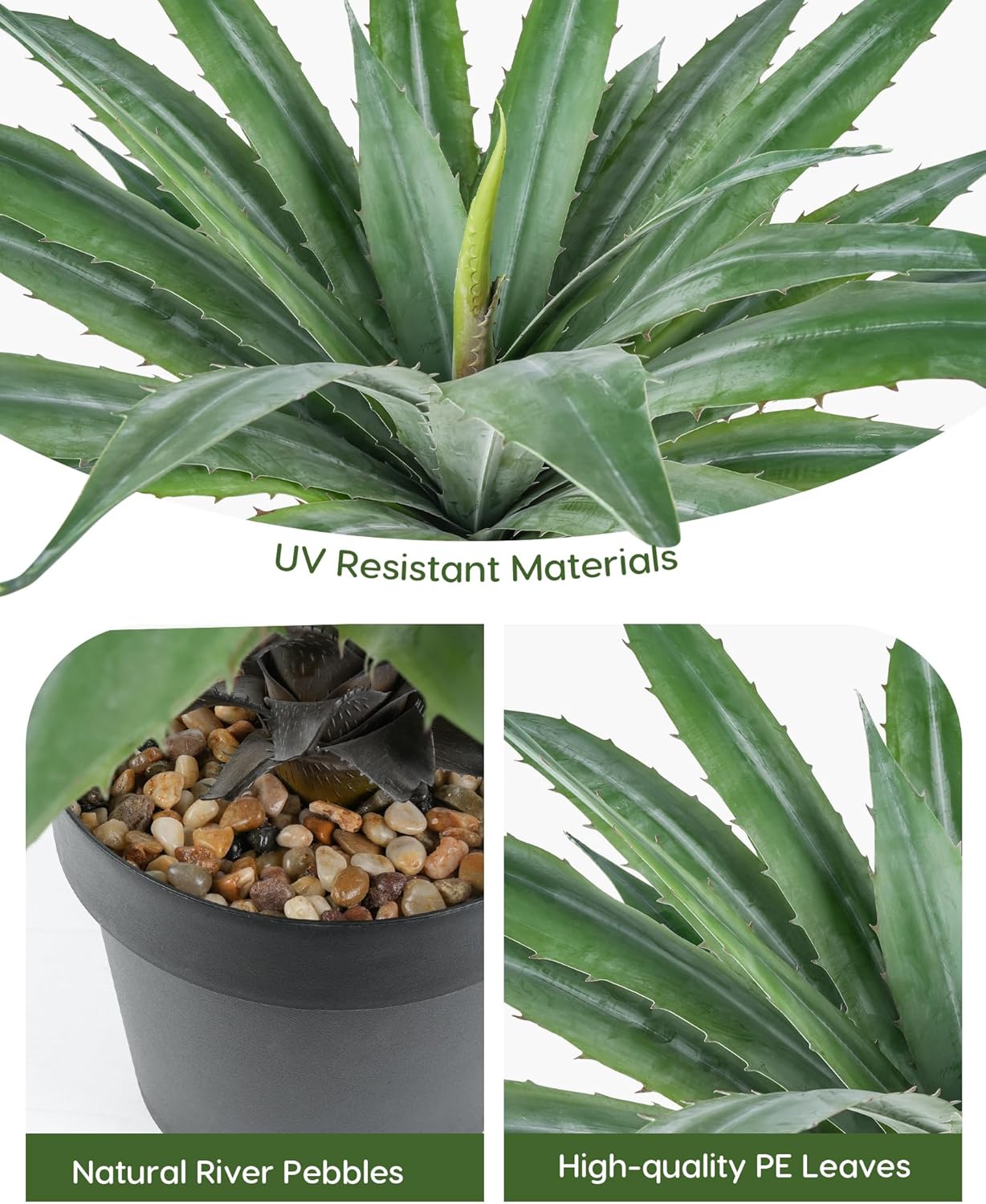 Velener Artificial Agave Plant in Black Pot with Real Stone Pebbles, Large Fake Agave Plants with Green Serrated Leaves, Faux Yucca for Indoor and Outdoor Decor-17 Inches Tall, 29 Leaves