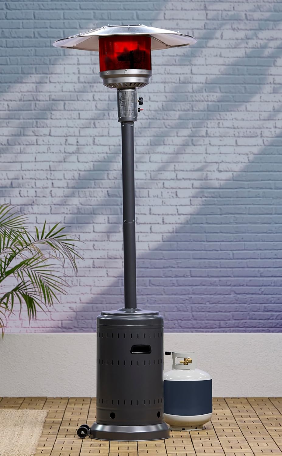 Amazon Basics 46,000 BTU Outdoor Propane Patio Heater with Wheels, Commercial & Residential, Slate Gray, with Water Tank, 32.1 x 32.1 x 91.3 inches (LxWxH)