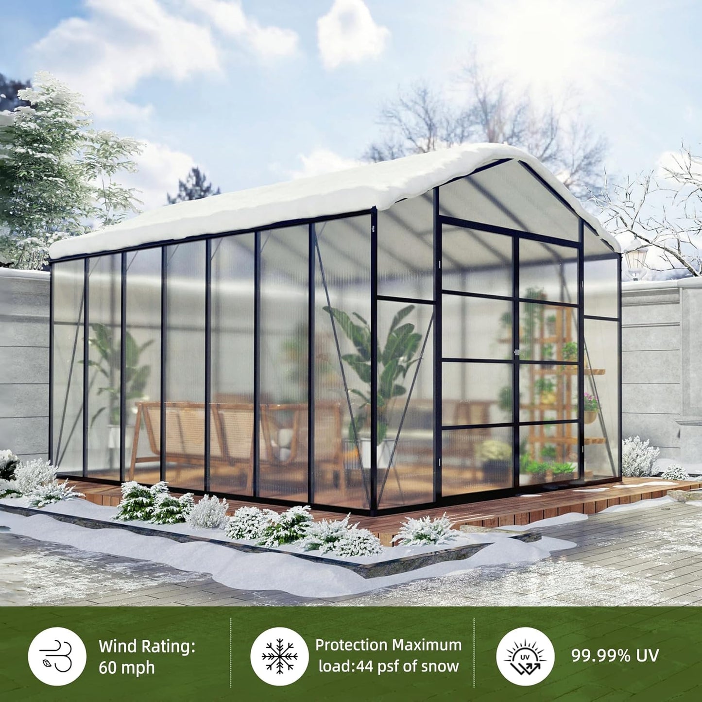 10 * 12 * 8.7FT Greenhouse for Outdoors,Polycarbonate Greenhouse with Stronger Wind Protection and Roof Vent,Walk-in Large Aluminum Sunroom Winter Proof,Black
