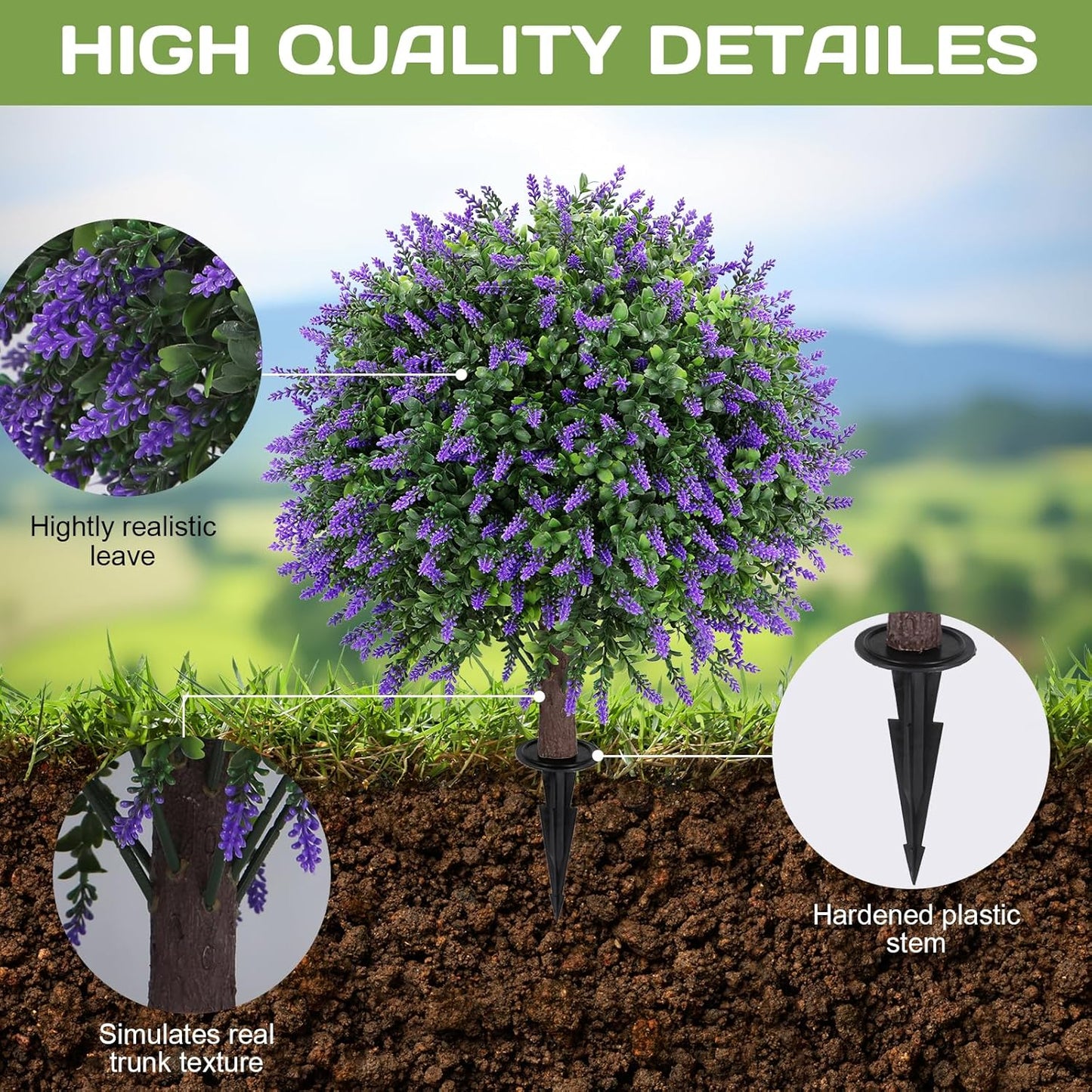 Artificial Lavender Topiary Ball Tree 25" with Ground Spike, Set of 2 Artificial Boxwood Bushes for Faux Shrubs, Fake Evergreen Faux Plant for Indoor Outdoor Porch Garden -UV Resistant–Fade-Proof
