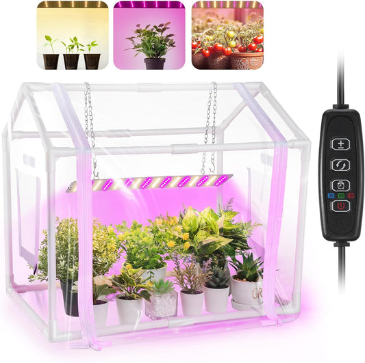 Meonum Mini Greenhouse with Grow Light for Indoor, 23.6 x15.7 x19.6 Tabletop Small Greenhouse Kit with 15W Plant Dimmable LED Grow Lights and Timer, 3 Light Color Mode for Seed Starter Tray
