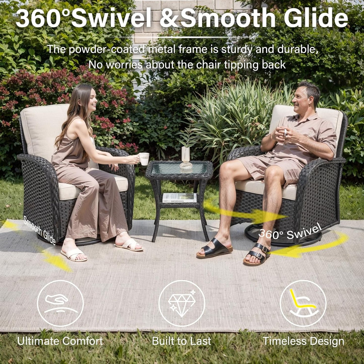 6 Pieces Wicker Patio Conversation Sets with Outdoor Swivel Rocker Chairs and Loveseat Glider Chair, All-Weather Rattan Furniture Set for Deck Patio Sunroom Backyard Black