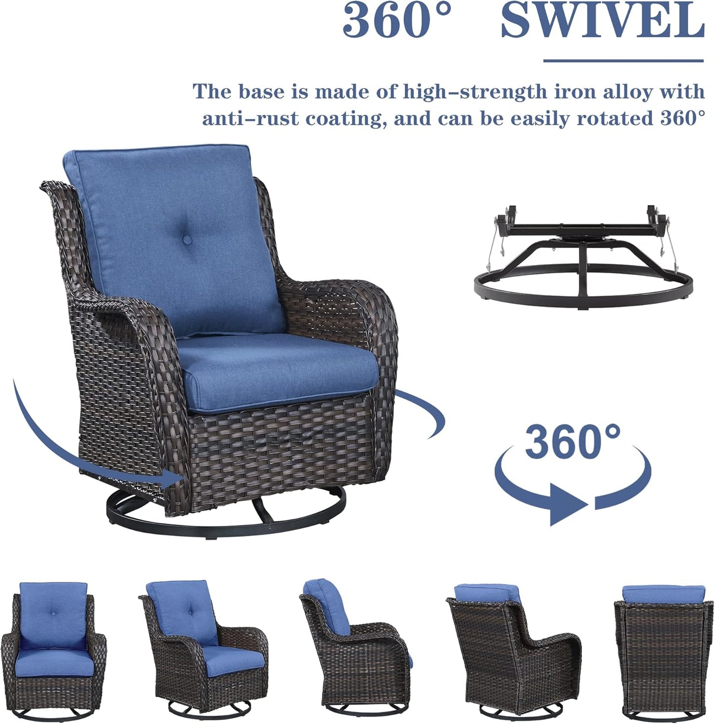 Outdoor Patio Furniture Set with 50000BTU Propane Fire Pit Table, 4 Pieces Wicker Patio Conversation Set with 2 Swivel Rocker Glider Chairs Rattan Sofa Blue Cushion Perfect for Casual Gathering