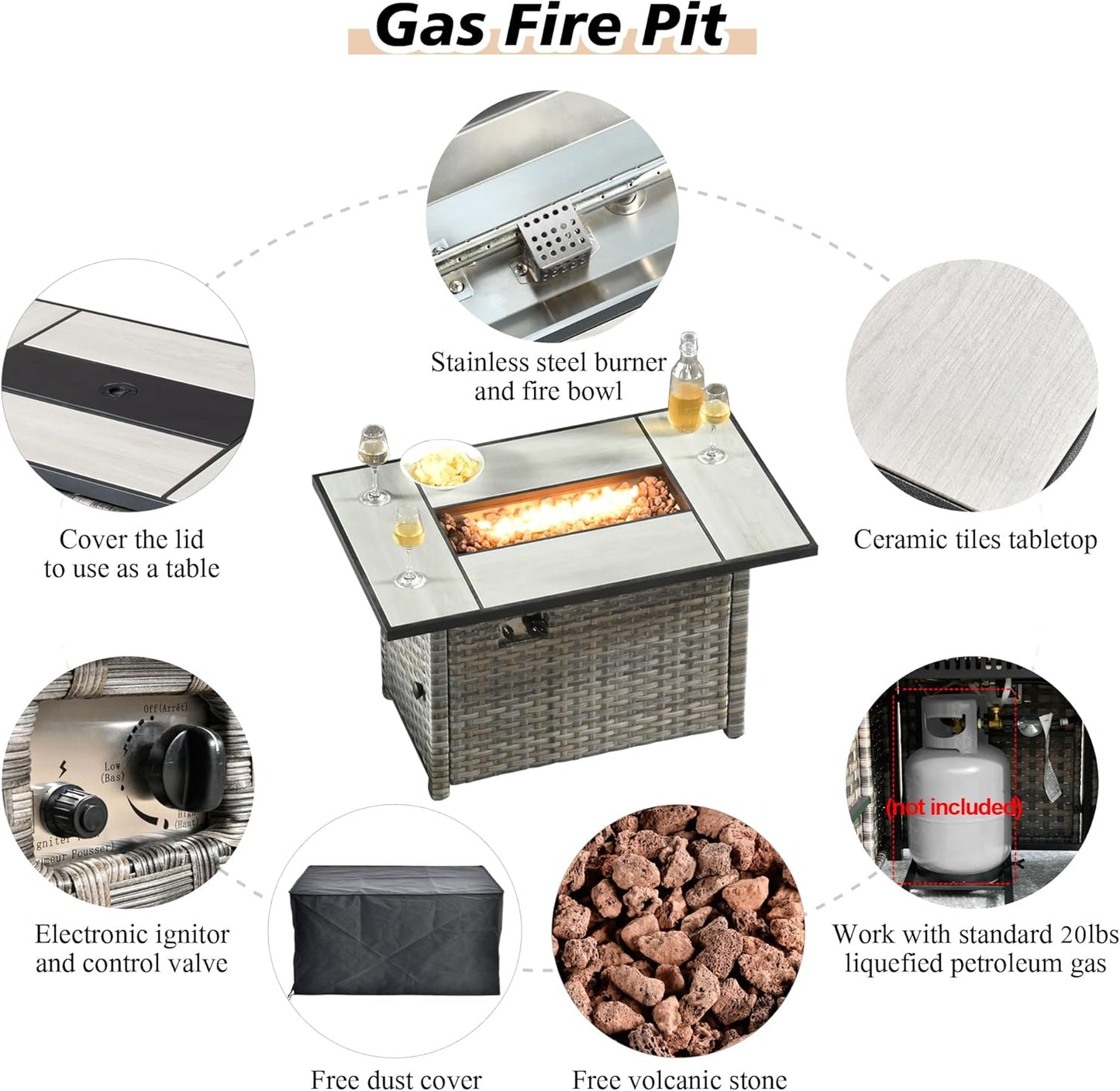 HOOOWOOO 9 Piece Modular Patio Outdoor Sectional Furniture Set with Large Propane Fire Pit Table,Wicker Conversation Sofa Set with Swivel Chairs,Outside Couch Set(Beige)