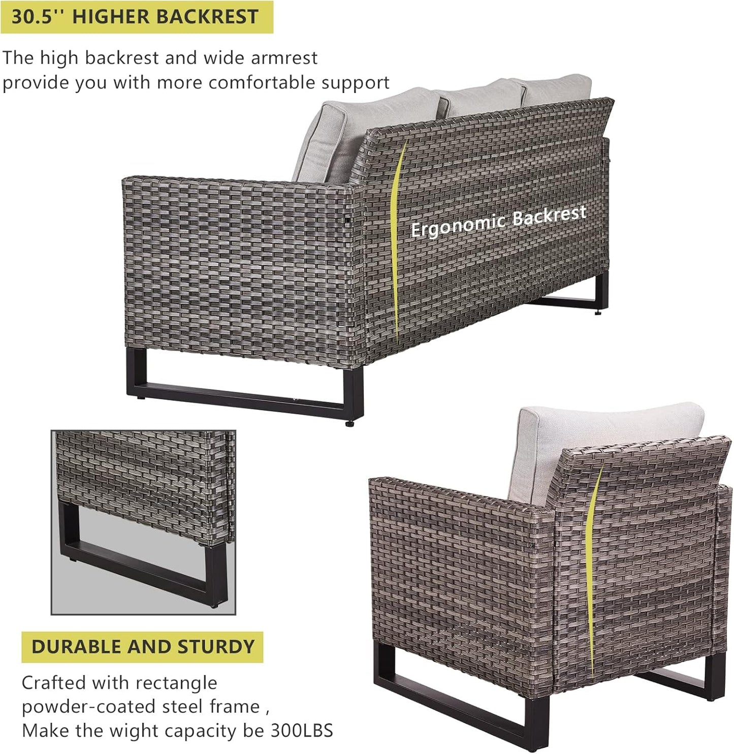 HUMMUH 5 Piece Patio Furniture Set All Weather Wicker Outdoor Sectional Sofa,High Back Patio Chairs and Ottomans for Porch,Garden,Backyard