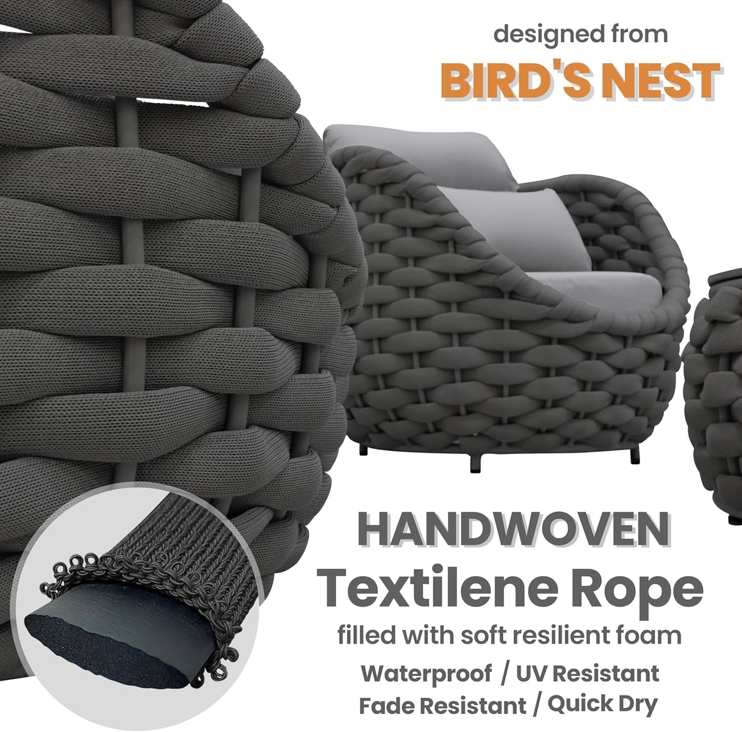 Aluminum Woven Rope Patio Furniture Set: 6 Pieces Assembled Outdoor Conversation Sofa Set for 7 - Modern Metal Couch Set Cushioned - All Weather Porch Seating for Deck Garden Lanai Hotel Resort