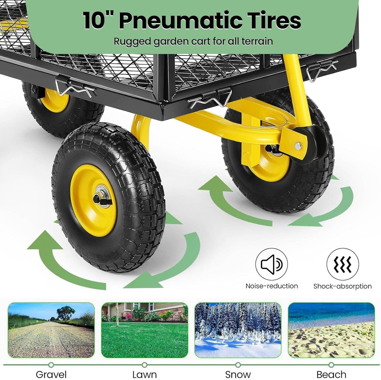 Homdox MAX 880 Lbs Garden Cart, Heavy Duty Foldable Mesh Steel Garden Wagon with 180° Rotating Handle and 10 Inch Tires, Pullable Yard Cart for Yard Garden Beach Farm, Yellow with Bag