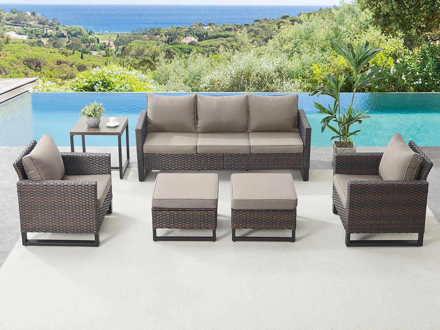 HUMMUH 6 Piece Patio Furniture Outdoor Sectional Sofa Set All-Weather Wicker Outdoor Chairs with End Table Ottomans for Patio,Porch,Garden,Backyard