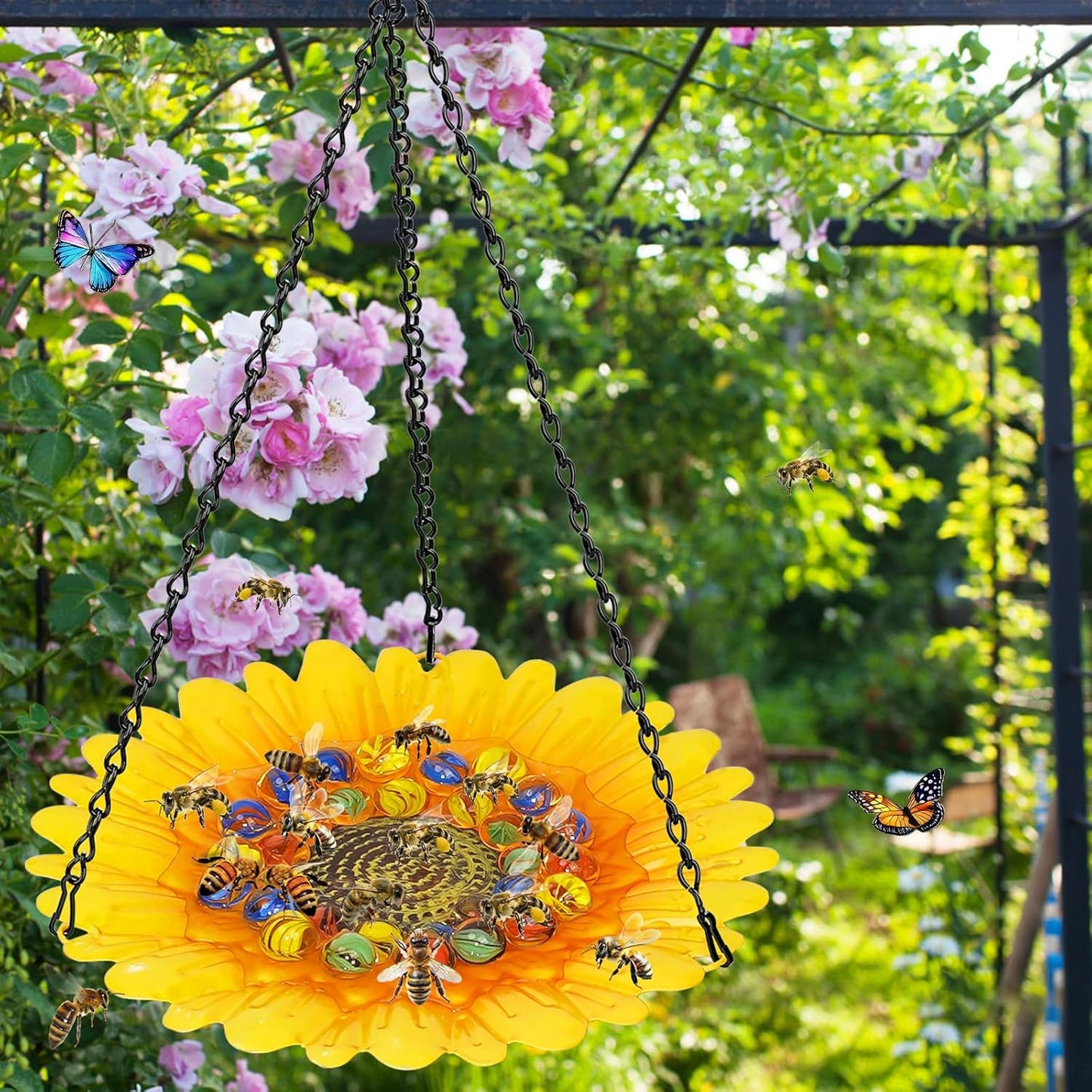 Bee Watering Station for Garden, Bee Bath Feeders for Outside with Vivid Flower Design, Hanging Butterfly Bath Bowl with Glass Balls for Outdoor Courtyard Decoration (1Pcs-Yellow)