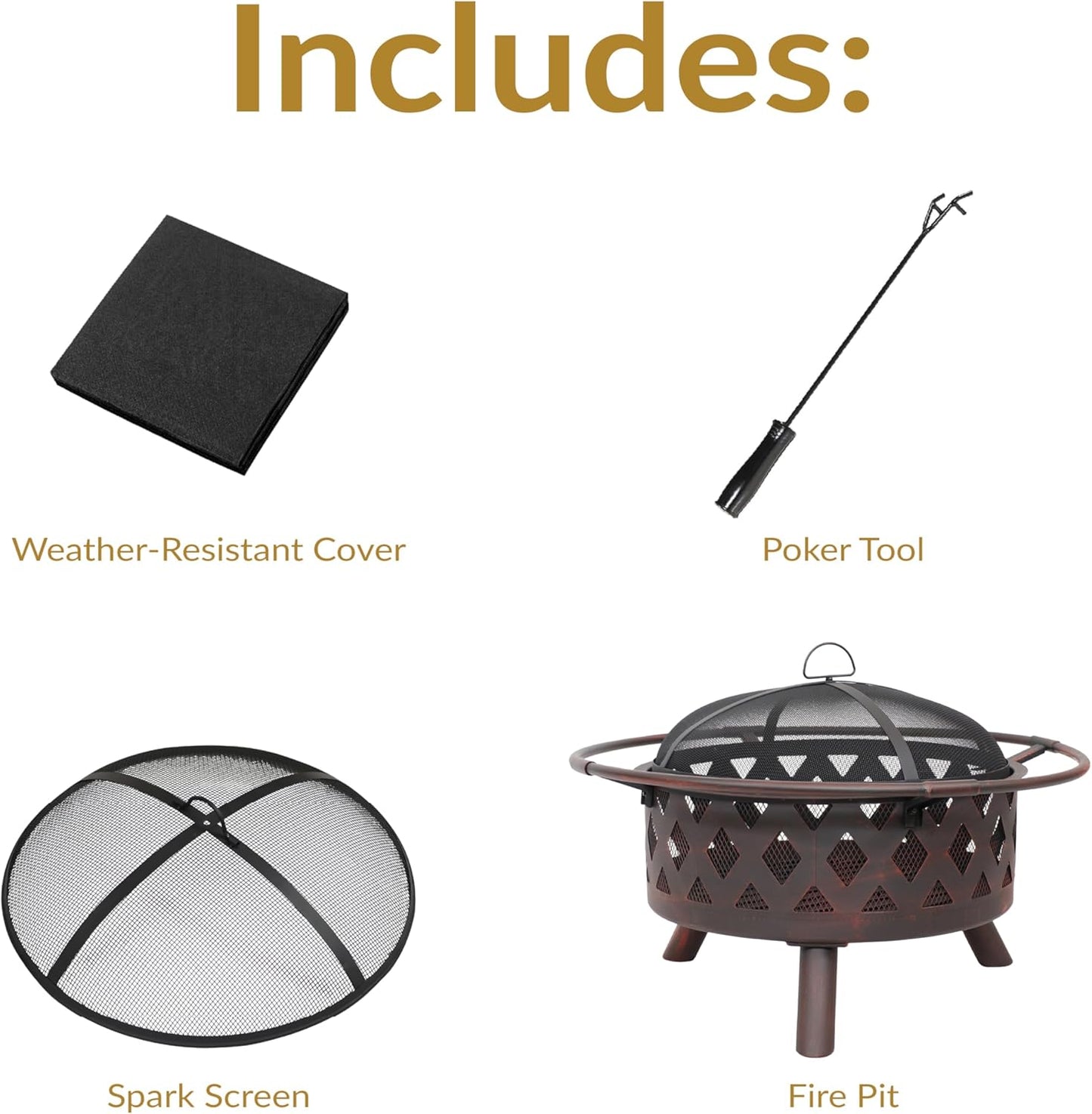 Sunnydaze Crossweave Outdoor Fire Pit - Wood-Burning Fire Pit for Outside with Spark Screen, Poker and Round Cover - 30-Inch - Bronze