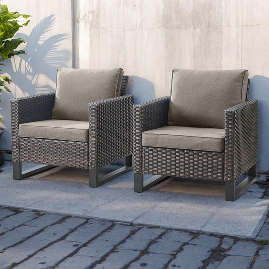 HUMMUH Wicker Patio Chairs Set of 2 High Back Deep Seating Outdoor Chairs with 4inch Seat Cushions for Porch Deck Garden Balcony