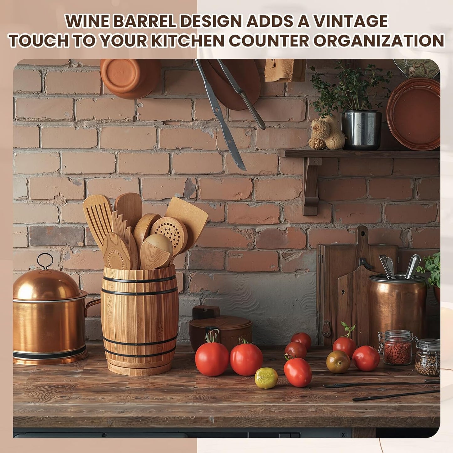 Honeydak Wooden Utensil Holder for Kitchen Counter, 360° Rotating Wine Barrel Design Large Cooking Spoon Crock Organizer, Rustic Vintage Burnt Wood Tool Holder for Farmhouse Kitchen, Gifts Decor