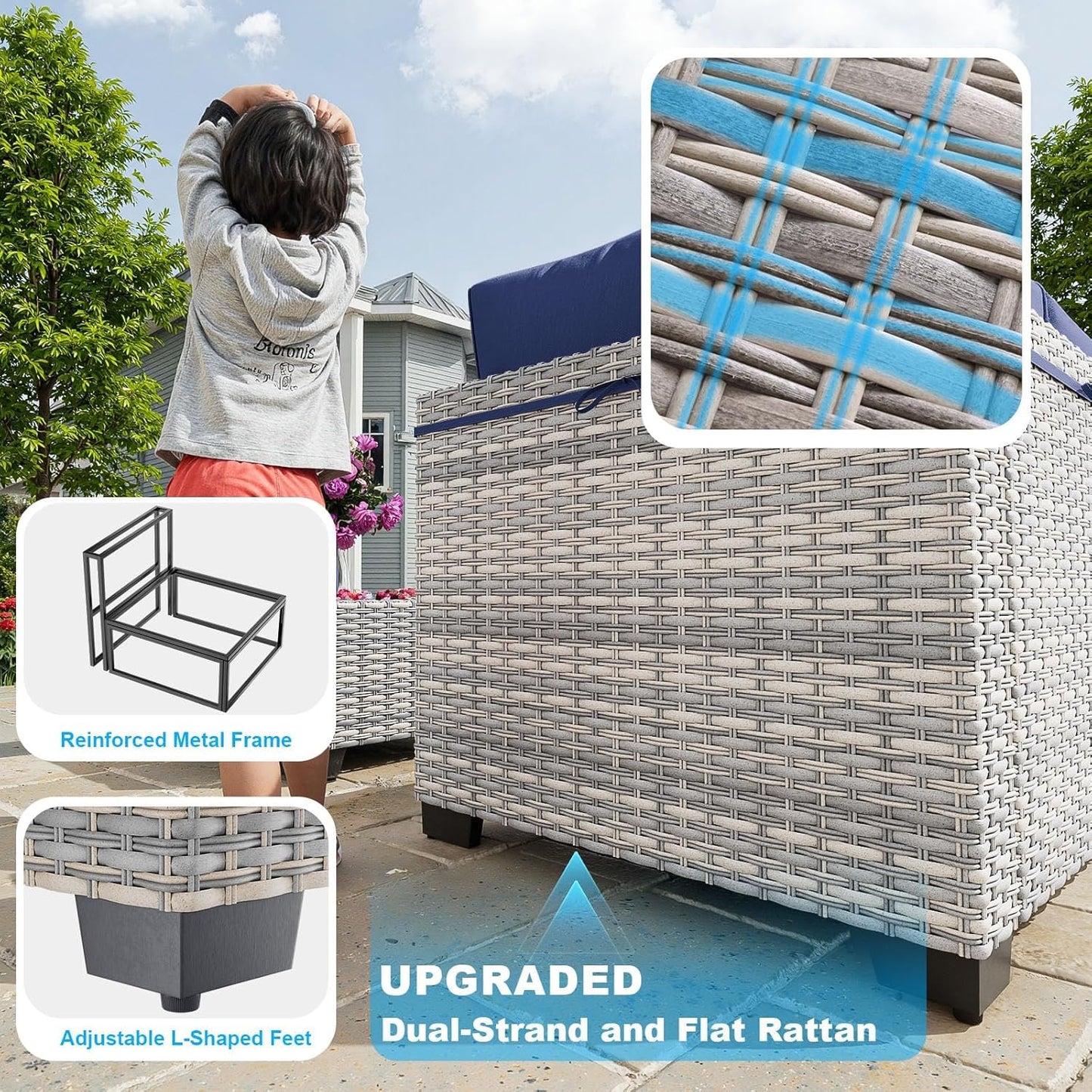 17-Piece Patio Furniture Set, Outdoor Patio Furniture with Swivel Chairs Set, Thick Cushions, Modular Patio Sofa, Dual-Strand Wicker Rattan, Rust-Resistant Frame, Deep Blue