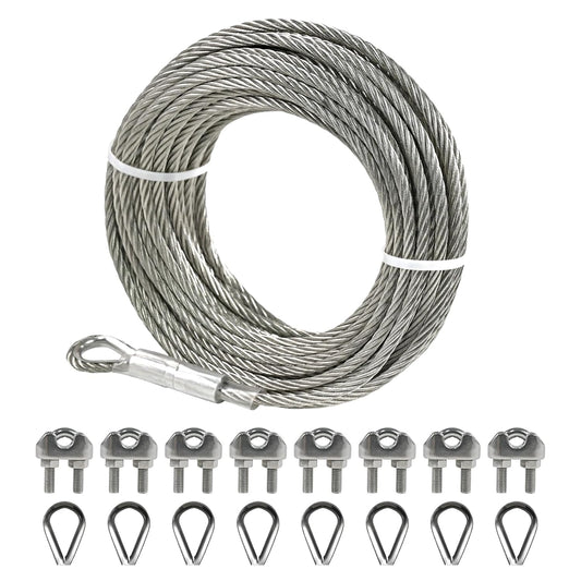 1/4" Stainless Steel Cable, 25FT Wire Rope with Clamps and Thimble, 7X19 Strands Aircraft Cable for Zipline, Outdoor, Deck Railing, Heavy Duty Applications, Hanging, 6400lbs Breaking Strength