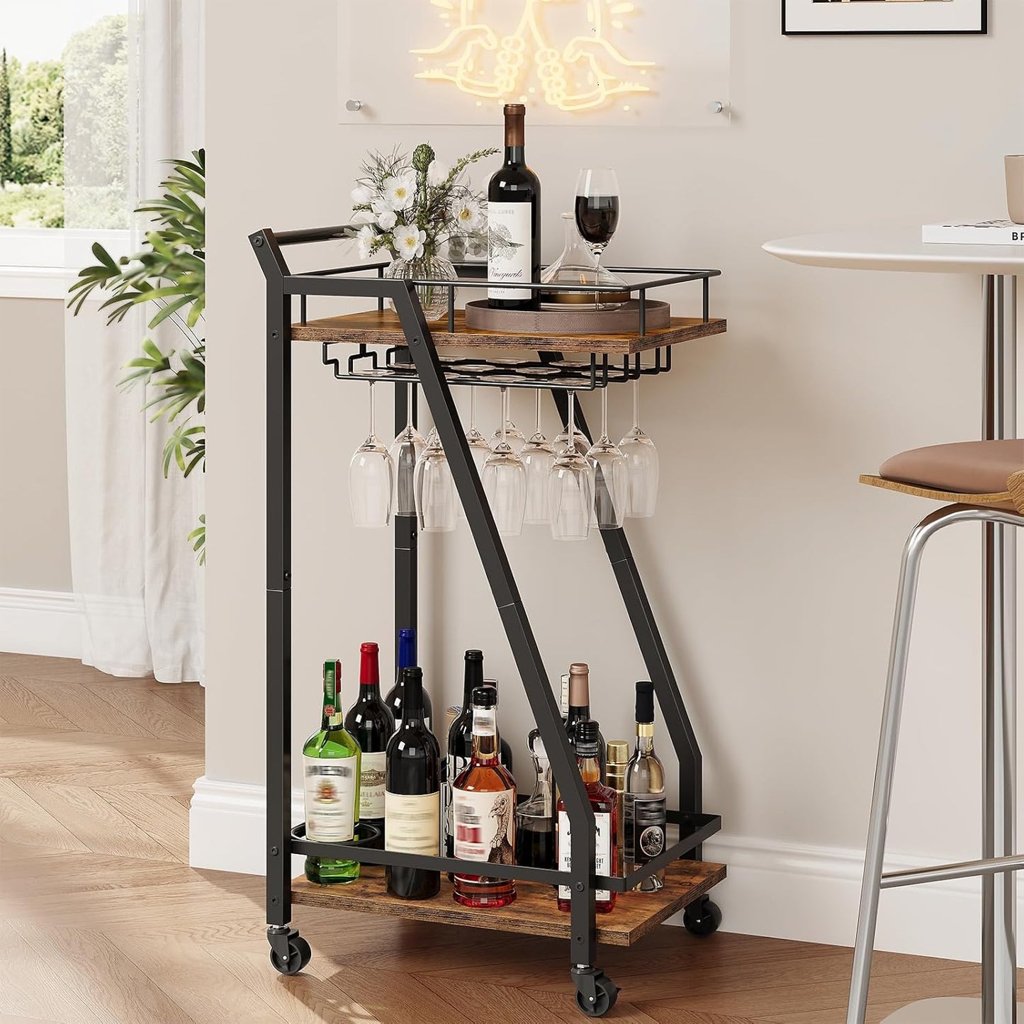 HOOBRO Bar Cart, Home Bar Serving Cart, Kitchen Cart, Rolling Beverage Cart & Wine Rack and Glass Holder 2 Storage Shelves, Cocktail Cart for Home Dining Party, Rustic Brown and Black BF27TC01