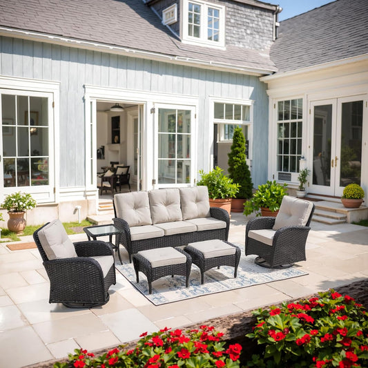 6 Pieces Wicker Patio Furniture Set - Swivel Rocker Outdoor Chairs with Outdoor Couch and Side Table, All-Weather Patio Conversation Set for Sunroom Deck Backyard Black