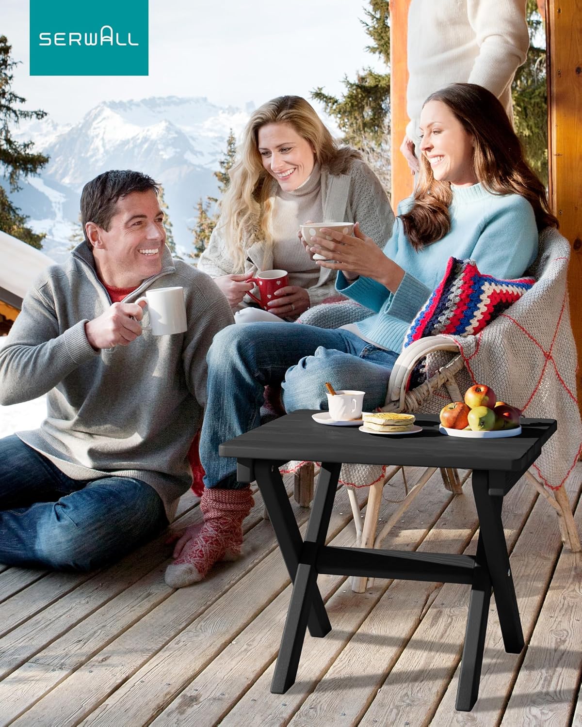 SERWALL Folding Outdoor Side Table, HDPE Adirondack Side Table, Portable Outdoor End Table, Black